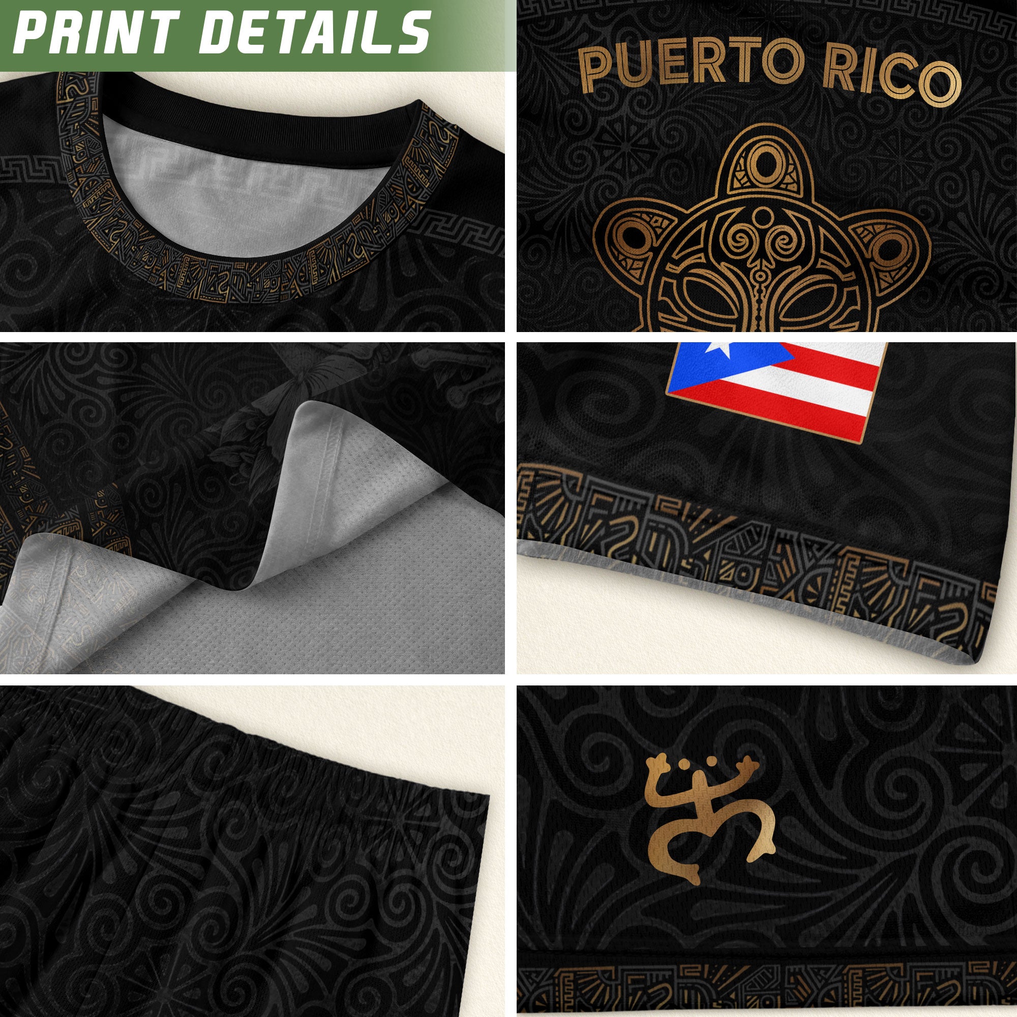 Puerto Rico Soccer Jersey - El Morro & Coqui Frog Design - Taino Sun Tribal Black Gold