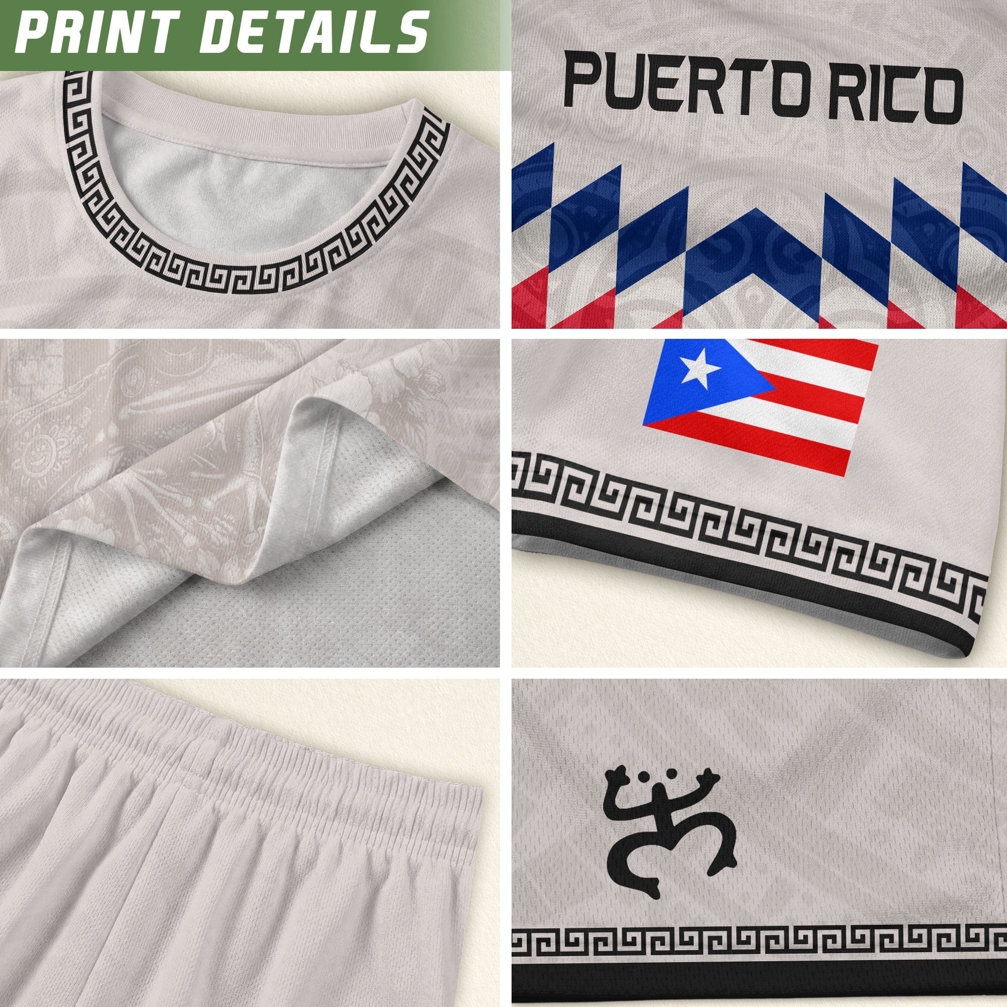 Puerto Rico Soccer Jersey Beige Red Blue Geometric Coqui Tribal Pride Apparel