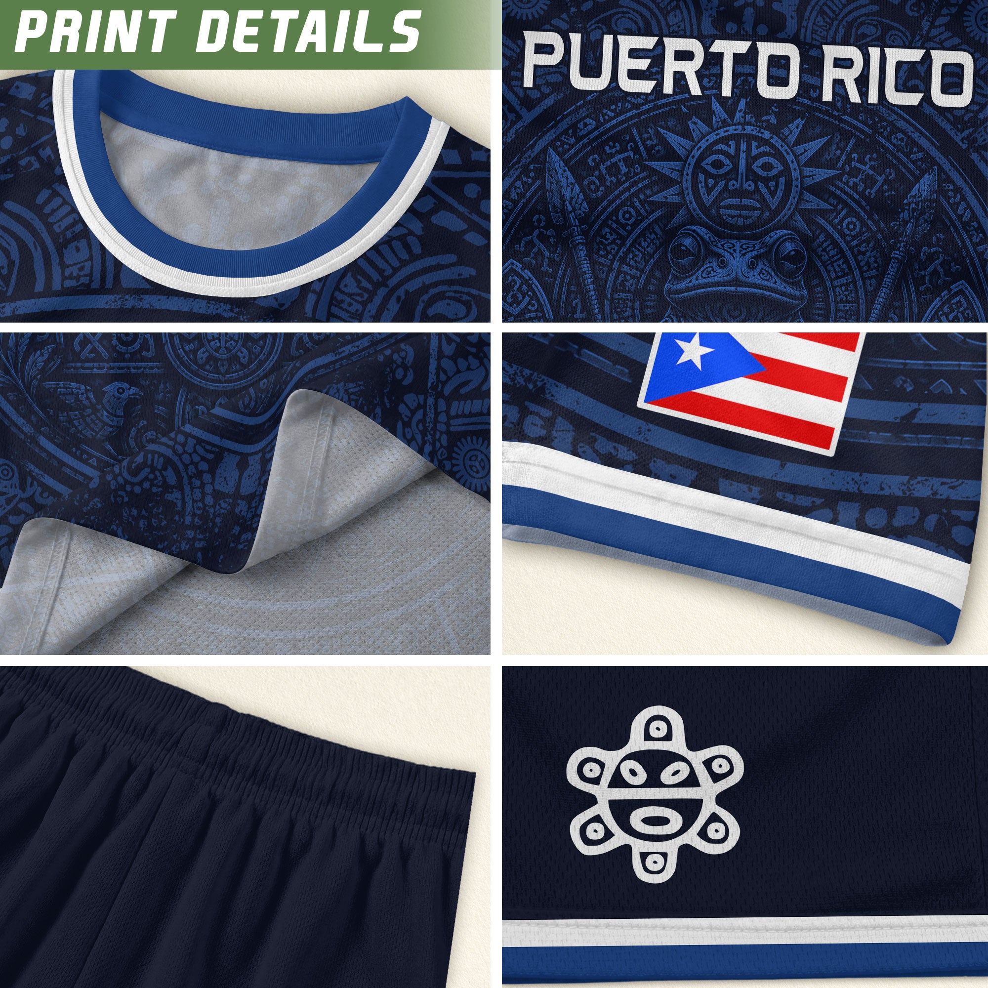 Navy Puerto Rico Soccer Jersey Coqui Taino Cultural Emblem Men Shirt and Shorts Set