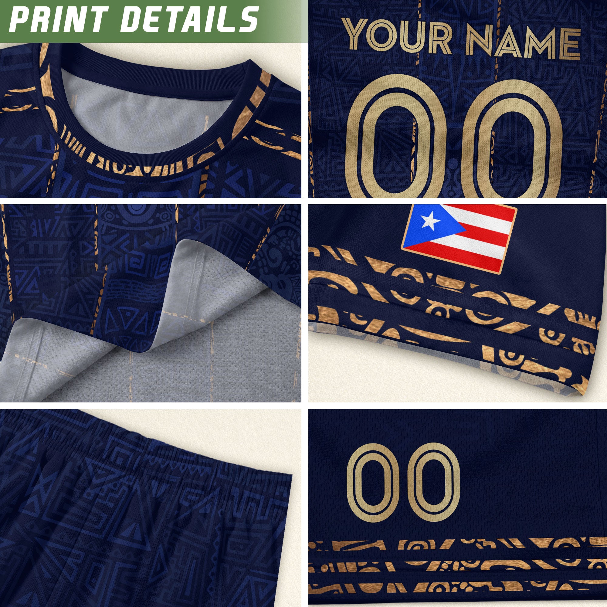 Custom Puerto Rico Soccer Jersey Navy Gold Taino Symbols Boricua Pride