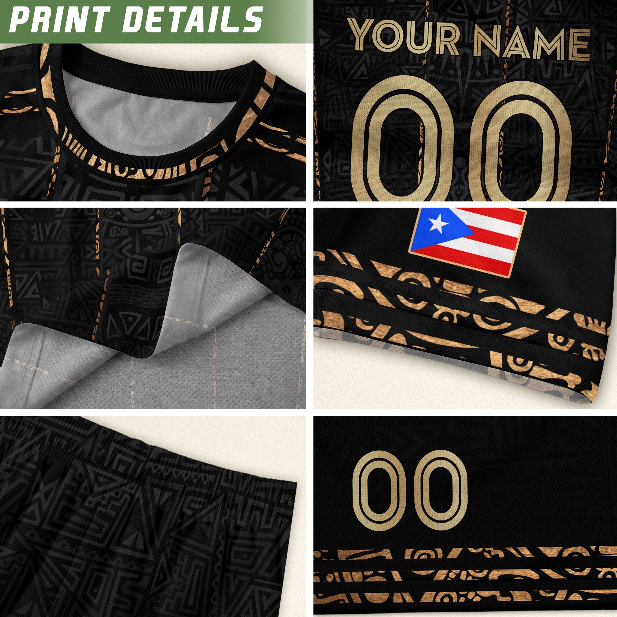 Puerto Rico Jersey Black Gold Stripes Taino Culture Personalized Sportswear