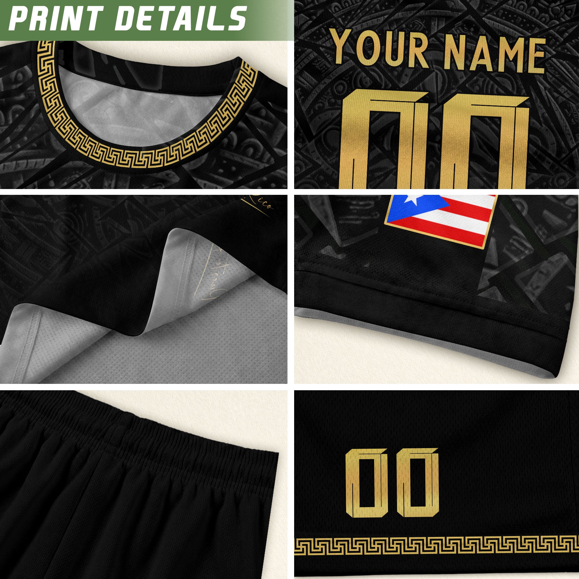 Custom Name Puerto Rico Jersey Black Gold Taino Symbols Boricua Sportswear
