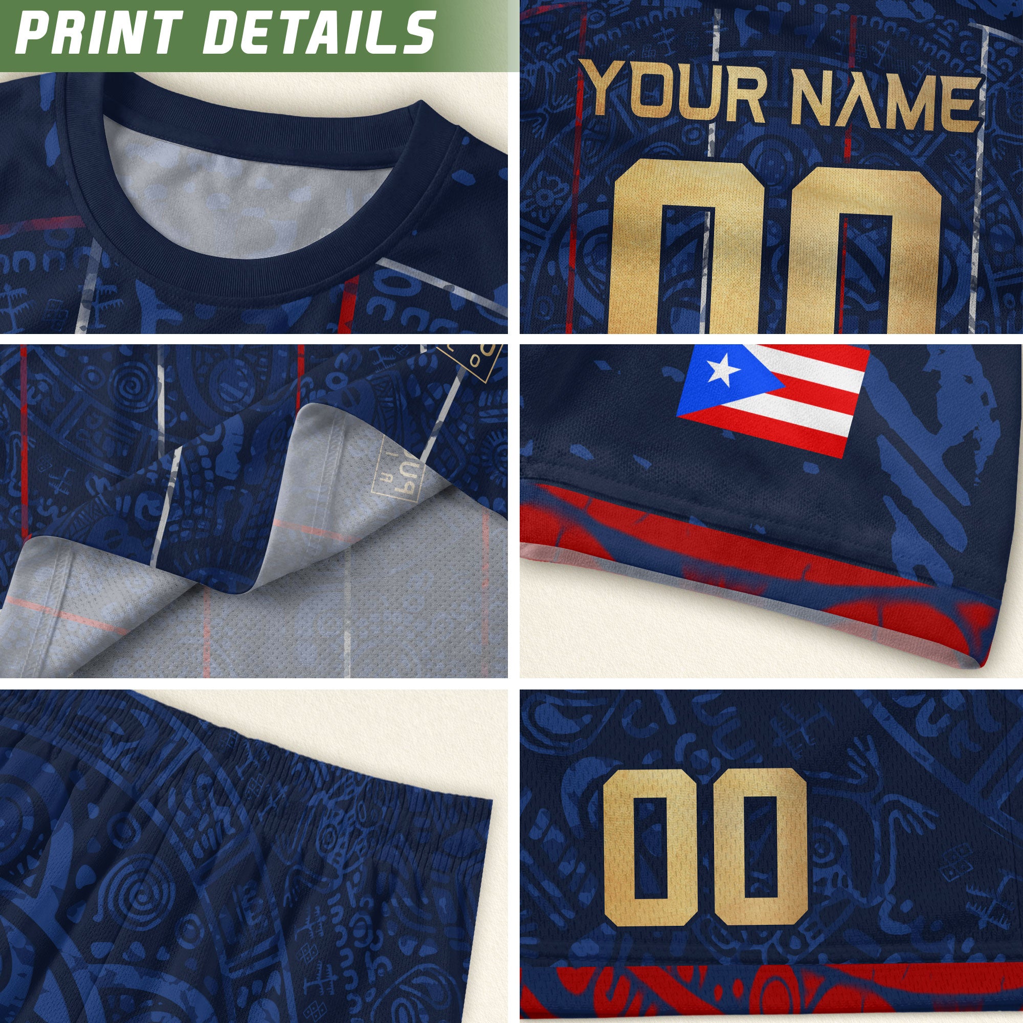 Puerto Rico Custom Soccer Jersey Navy Blue Gold Text Coqui Frog Boricua Pride Gif
