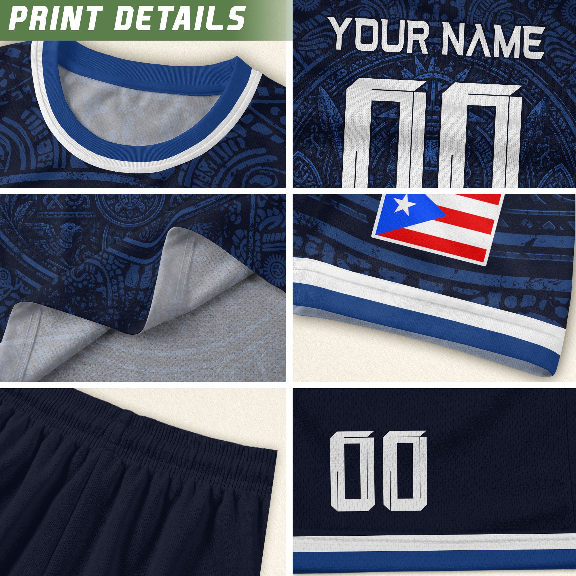 Personalized Puerto Rico Soccer Jersey Navy Blue with Taino Coqui Frog Design