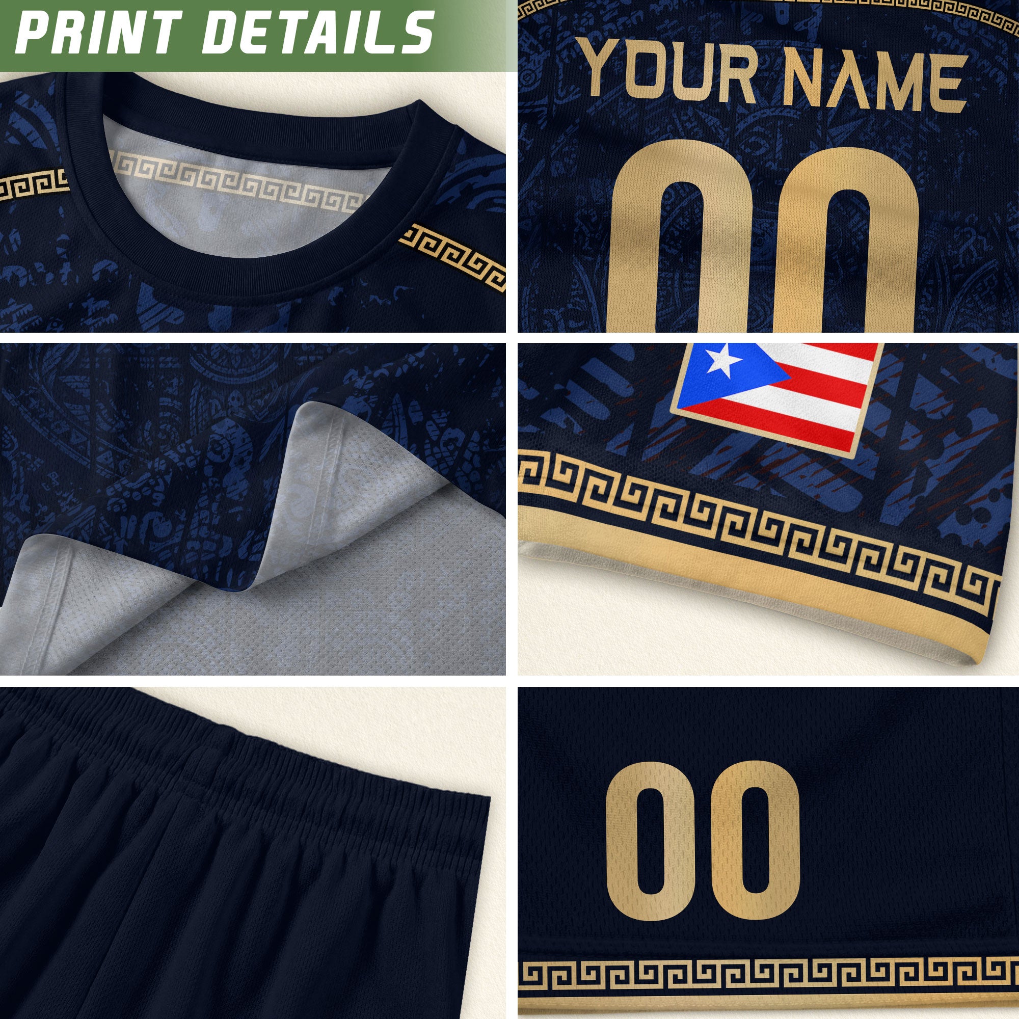 Personalized Name Puerto Rico Soccer Jersey Navy Blue Taino Gold Design Boricua Pride