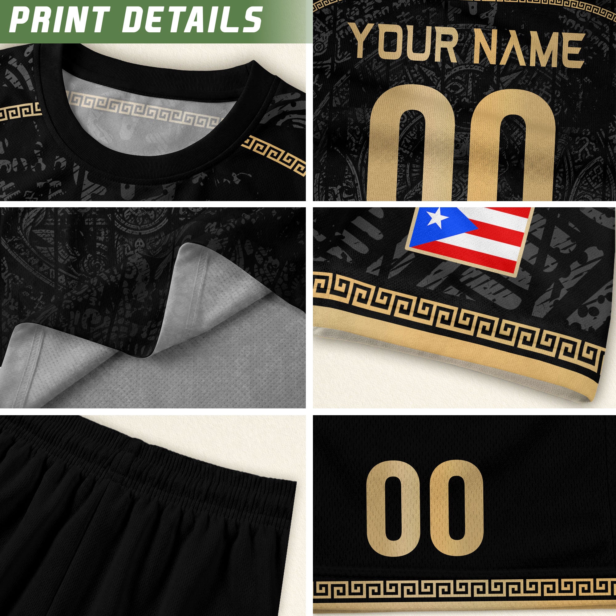 Personalized Name Black Puerto Rico Soccer Jersey Taino Gold Design Boricua Pride