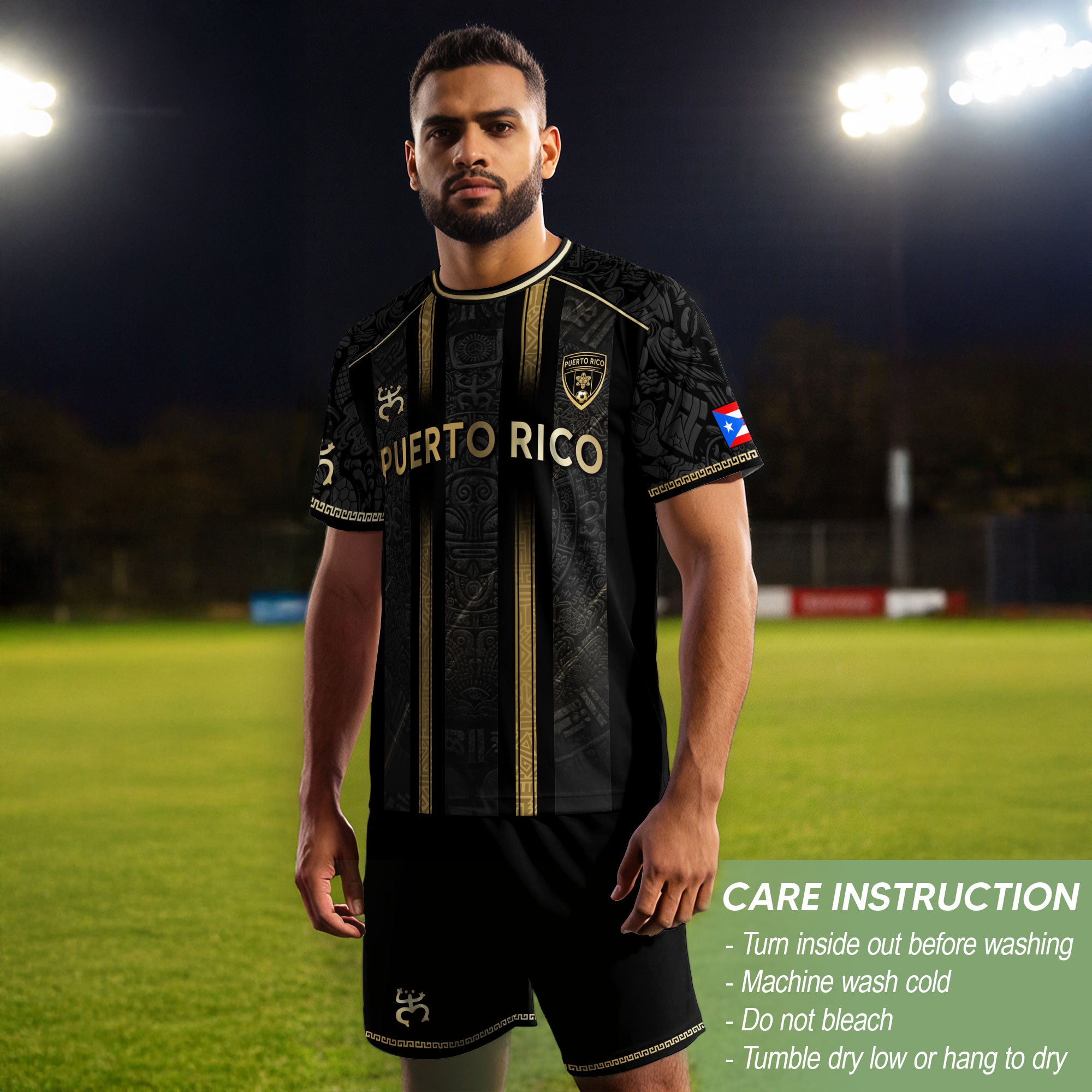 Puerto Rico Soccer Jersey - Black Vertical Stripe Taino Sun Heritage Football Shirt
