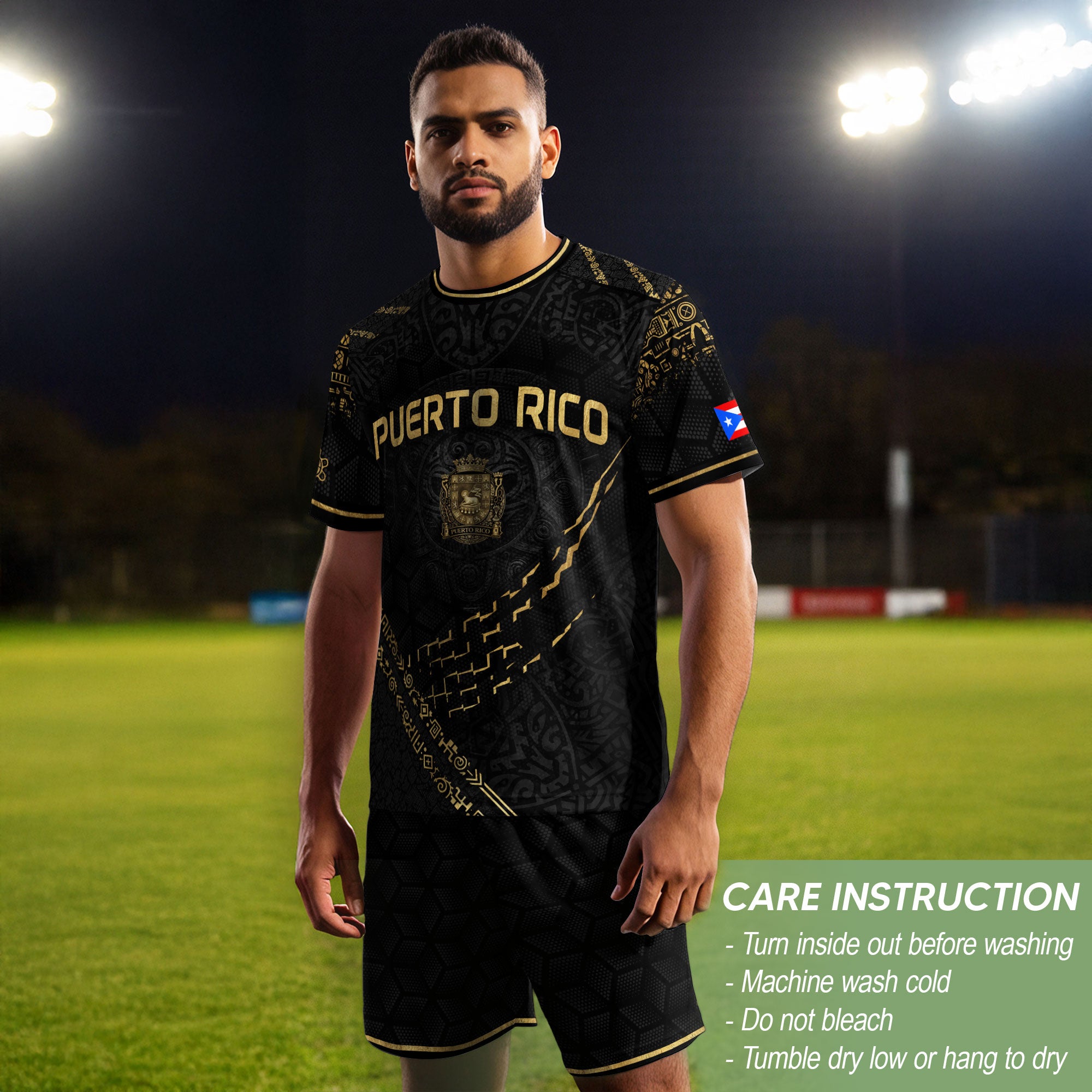 Puerto Rico Soccer Jersey - Elite Black Gold Taino Sun & Shield Heritage Jersey
