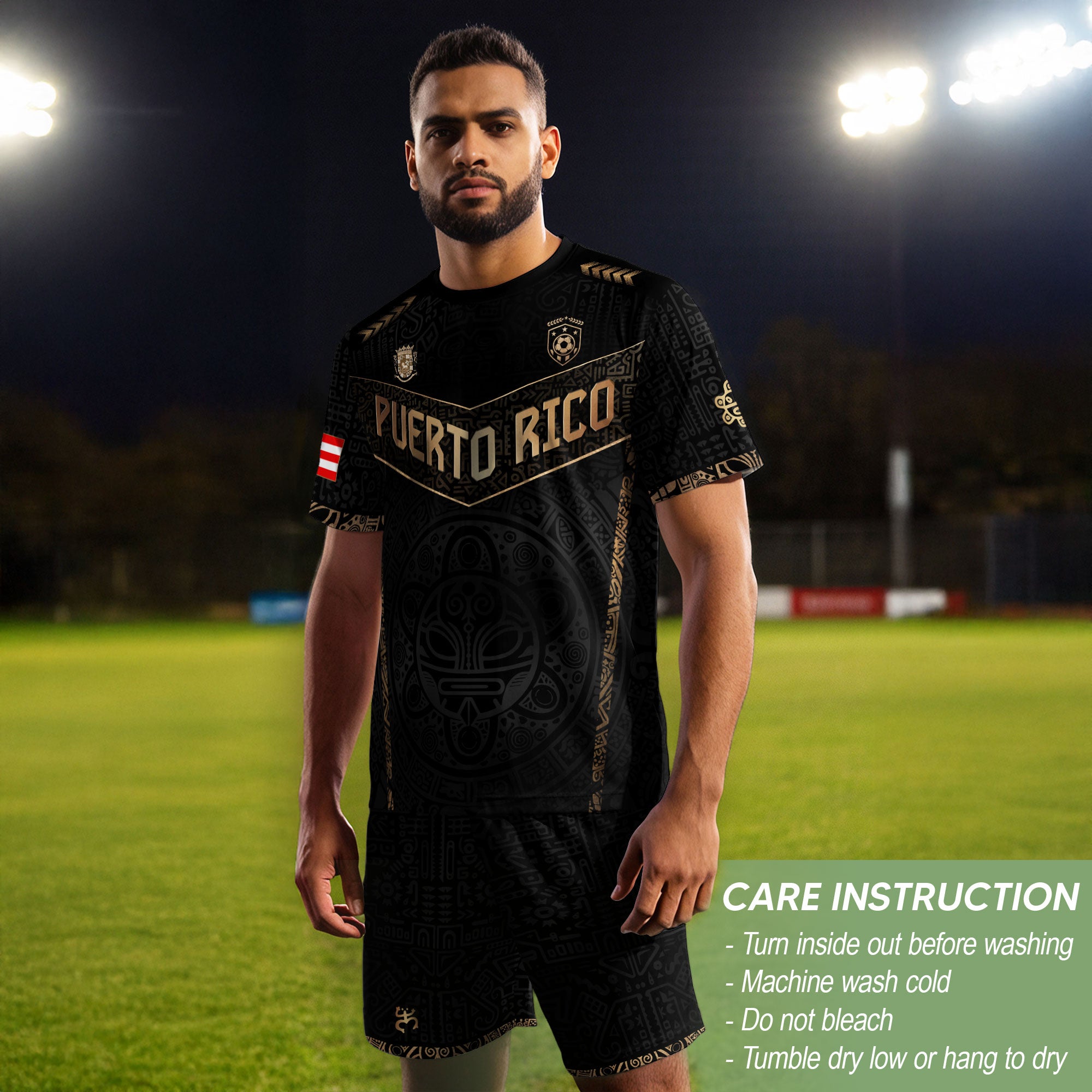 Puerto Rico Soccer Jersey Black Gold - Coquí Frog & Taino Sun - V-Shape Tribal Shirt