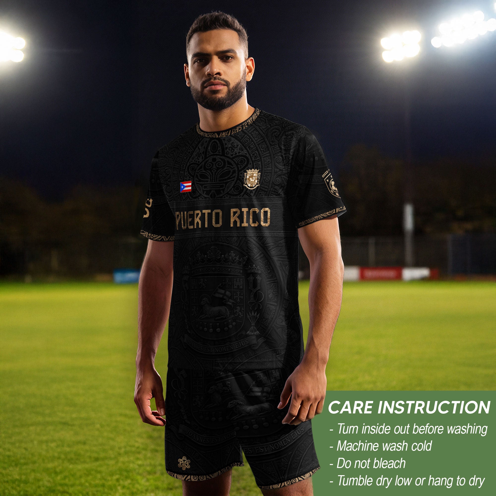 Black Gold Puerto Rico Soccer Jersey Taino Sun & Coat of Arms Football Shirt