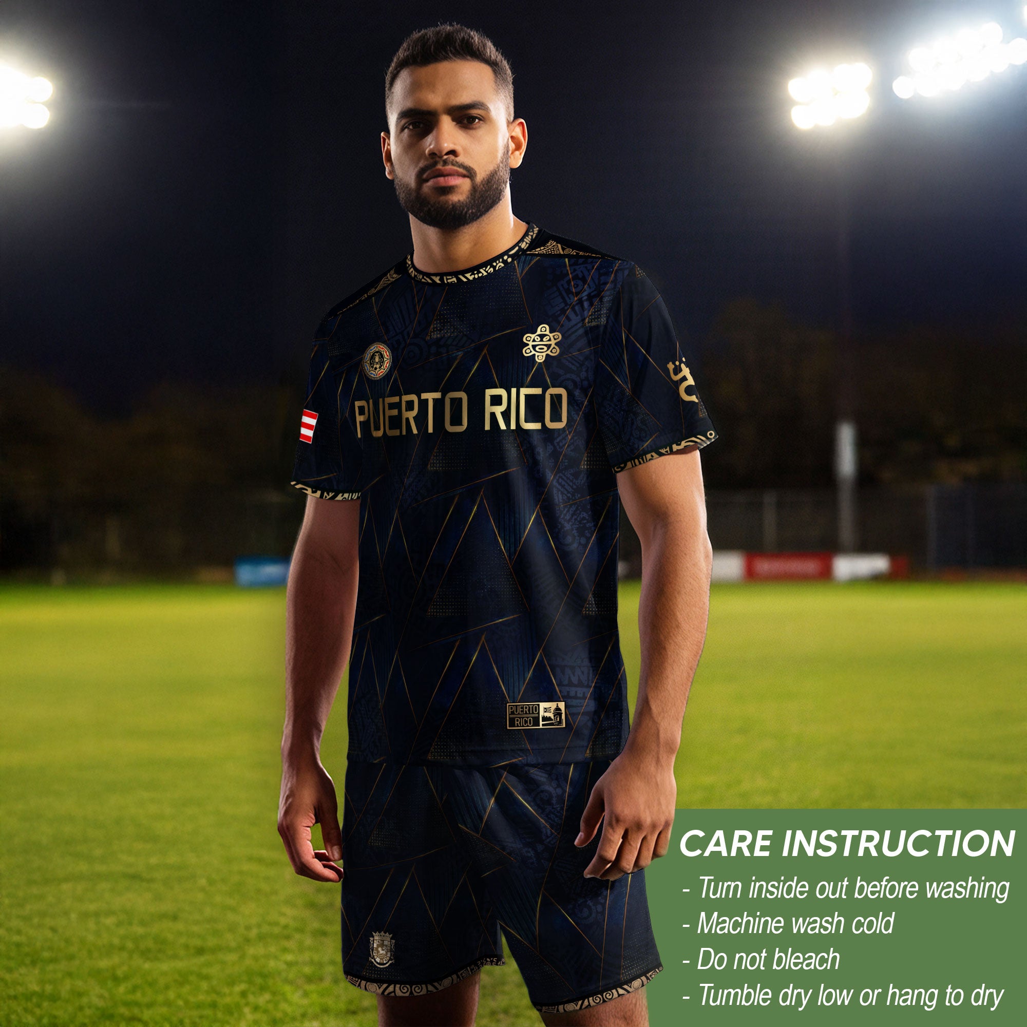 Puerto Rico Soccer Jersey Navy Gold - Geometric Taino Sun Design - Boricua Football Shirt