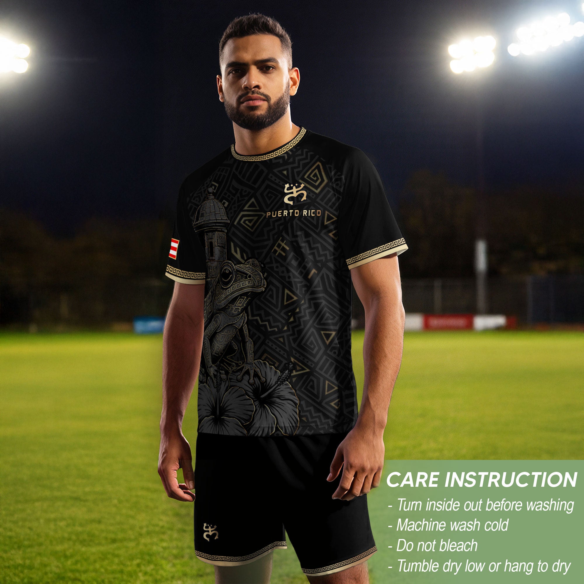 Puerto Rico Soccer Jersey Black Gold Coqui Frog Taino Pattern Patriotic