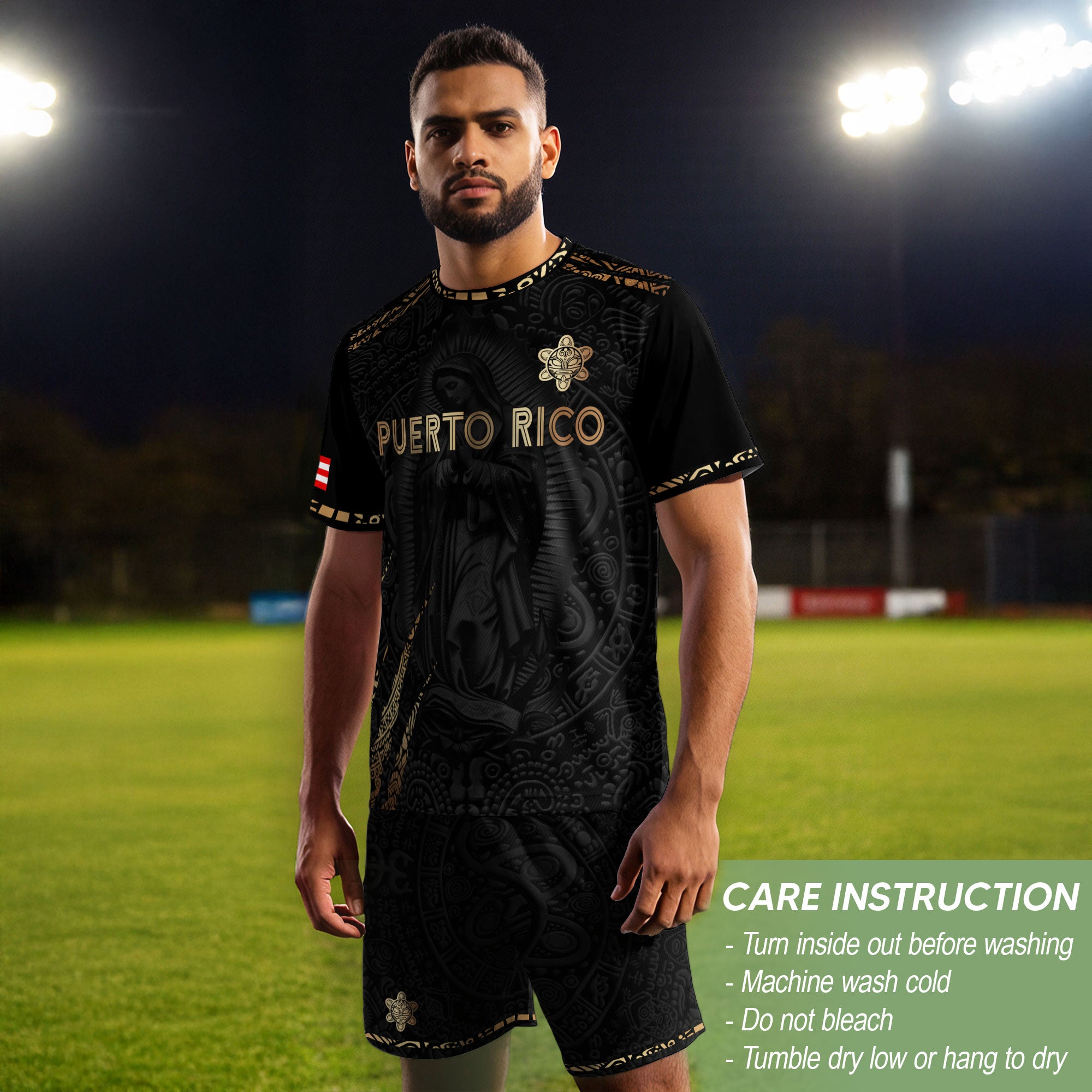 Puerto Rico Soccer Jersey Virgin Mary Guadalupe Taino Pattern Black Gold