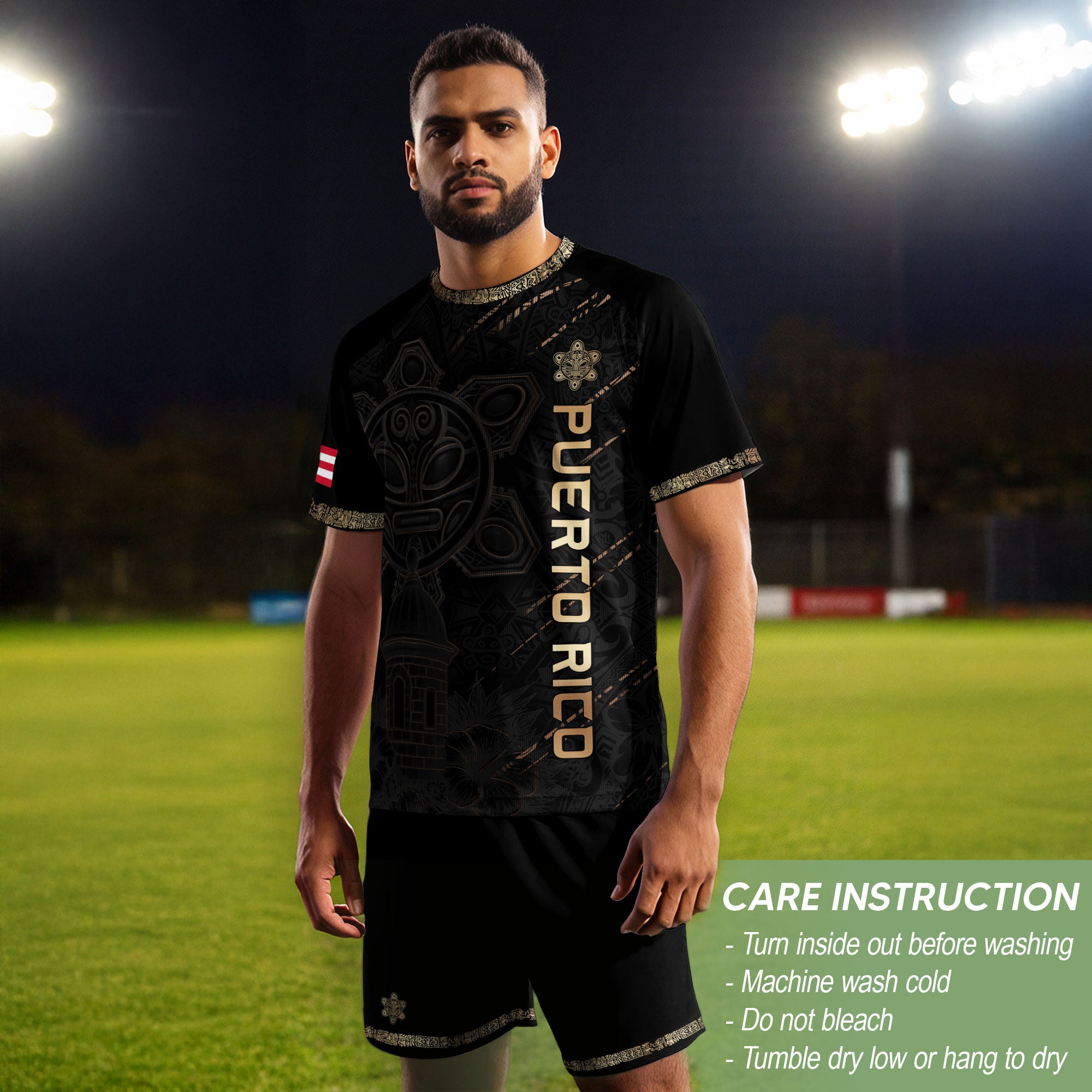 Puerto Rico Soccer Jersey Black Gold Taino Art Patriotic Fan Shirt
