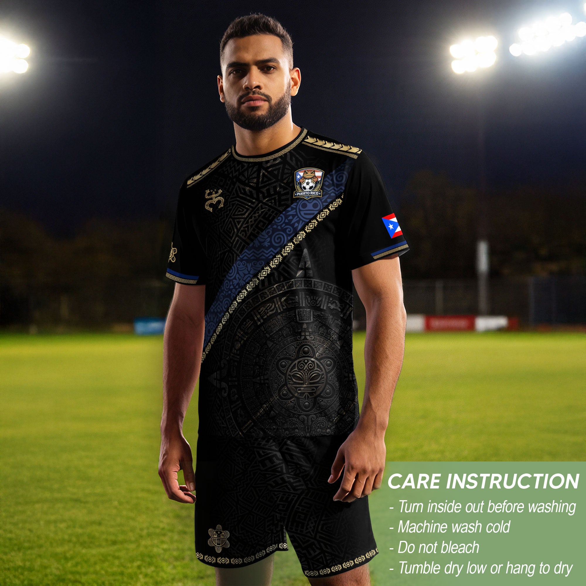 Puerto Rico Heritage Black Sash Graphic Gold Pattern Boricua Pride Soccer Jersey
