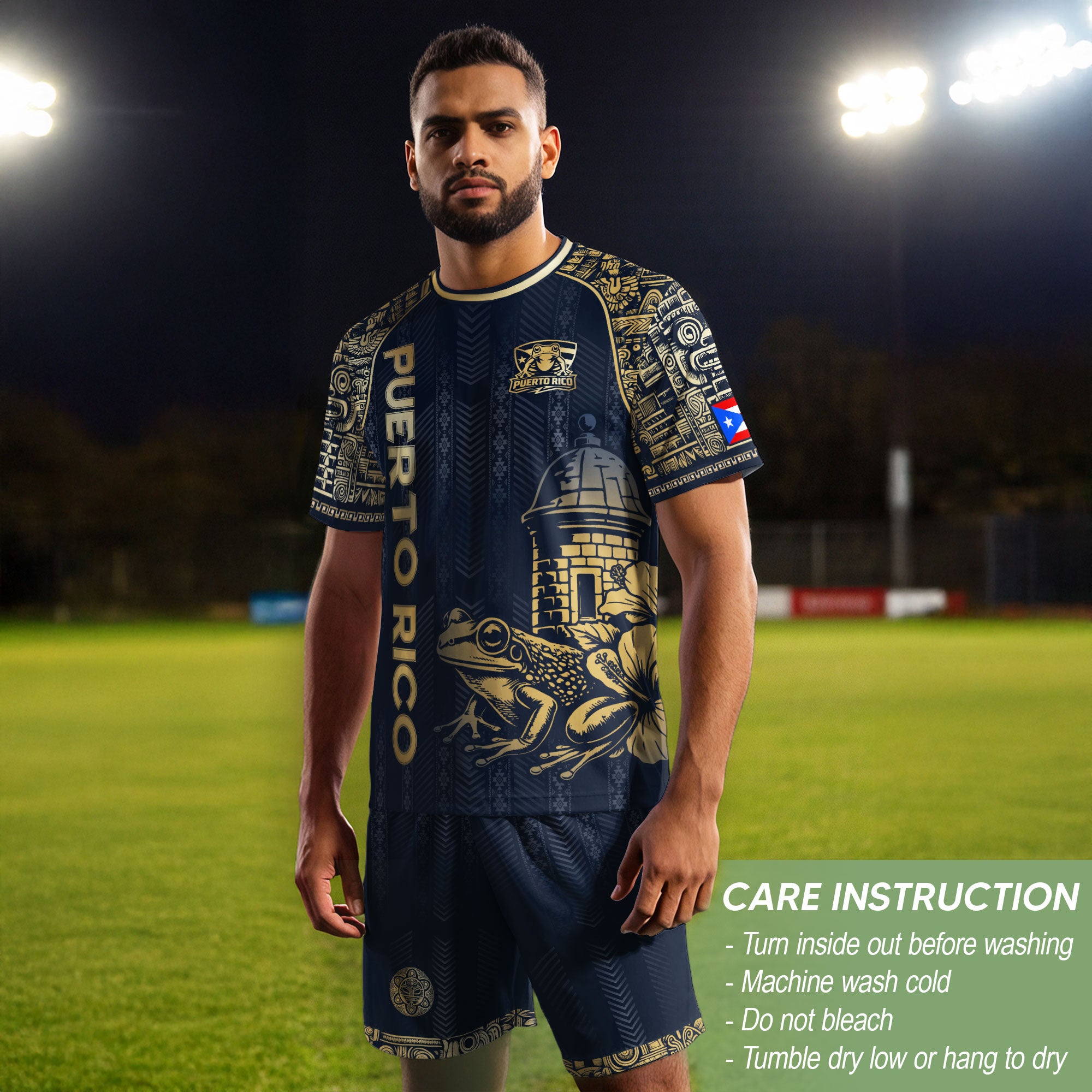 Puerto Rico Heritage Navy Gold Island Spirit Coqui Frog El Morro Graphic Pride Soccer Jersey