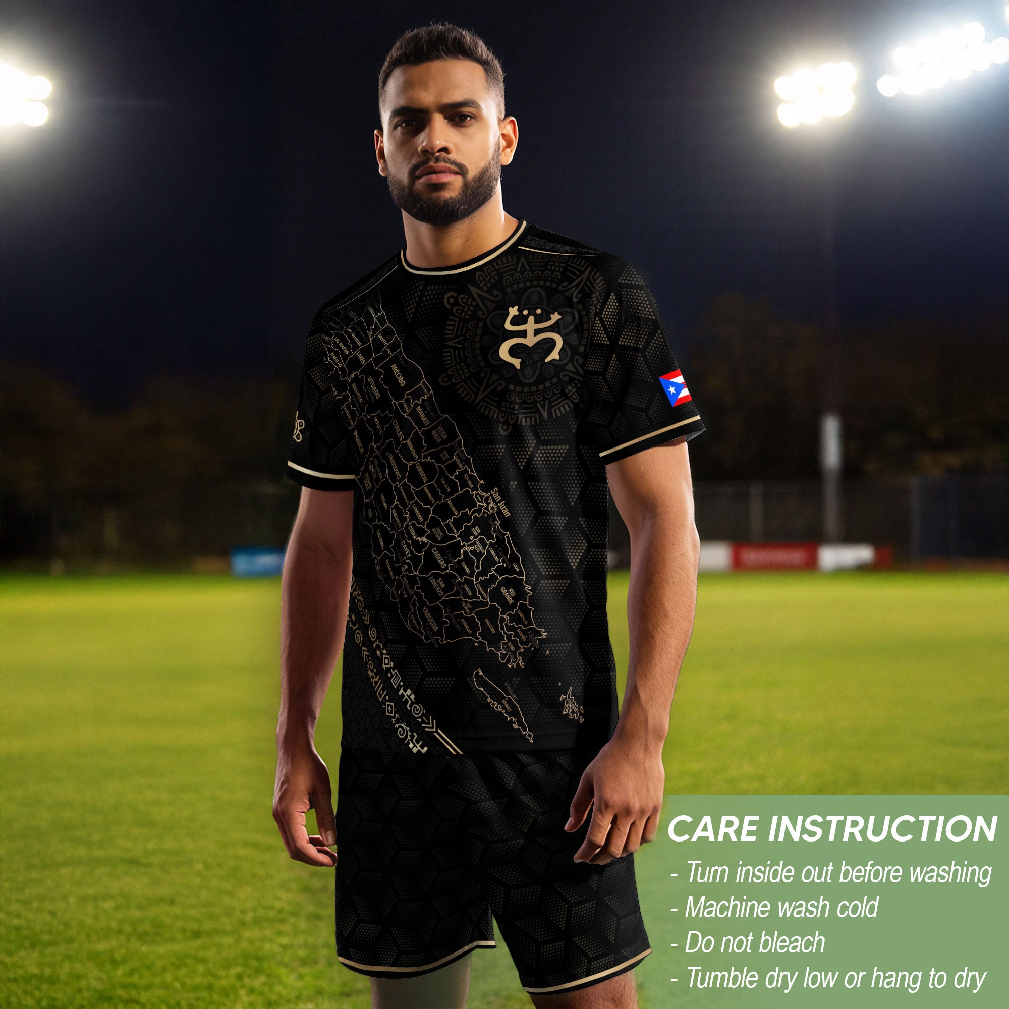 Puerto Rico Heritage Orgullo Boricua Black Gold Detailed Island Map Coqui Soccer Jersey