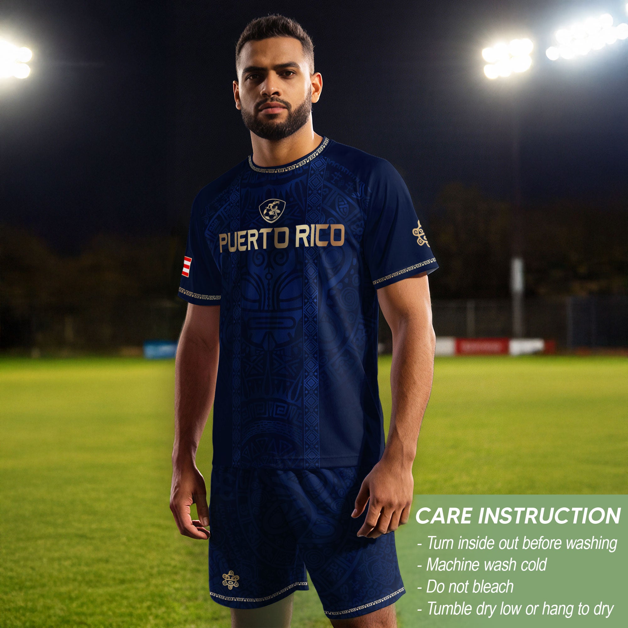 Camiseta de fútbol con máscara taína boricua azul marino de Puerto Rico, bandera tribal, orgullo nacional