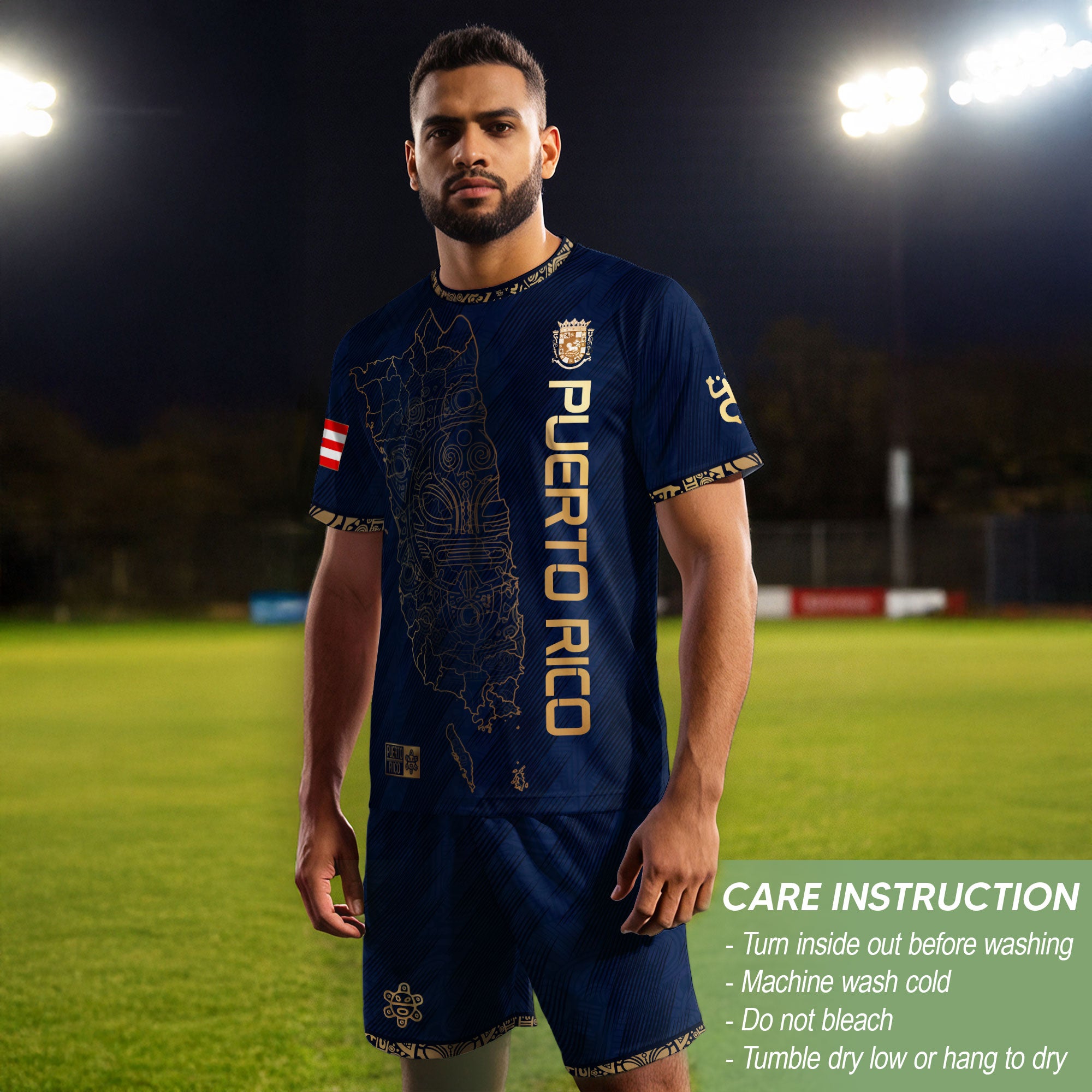 Puerto Rico Soccer Jersey Navy Gold - Puerto Rico Map & Coat of Arms Edition Football Shirt