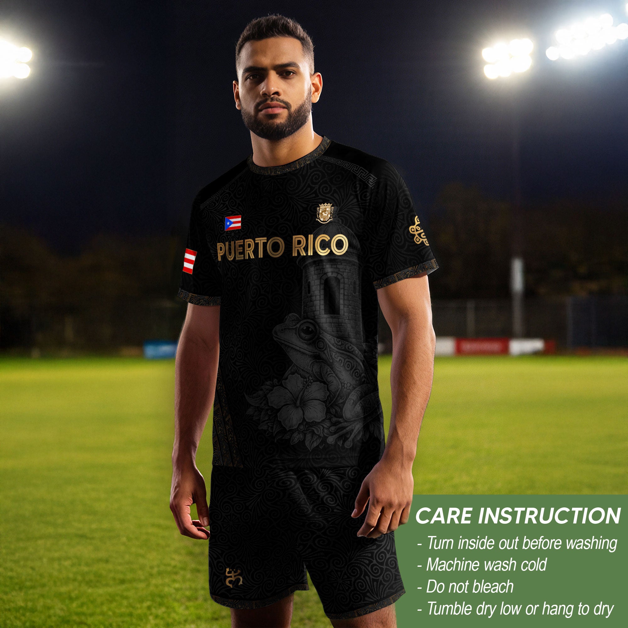 Puerto Rico Soccer Jersey - El Morro & Coqui Frog Design - Taino Sun Tribal Black Gold
