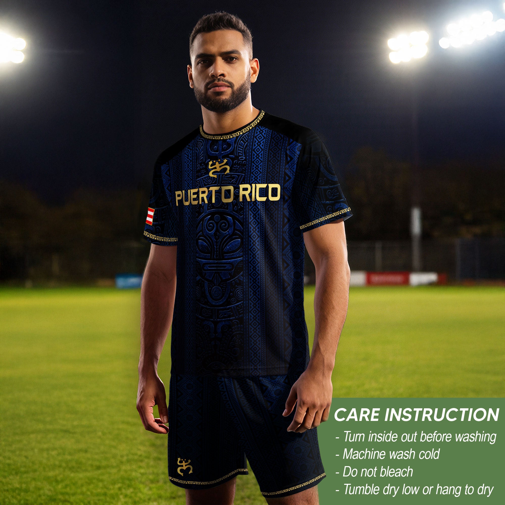 Camiseta de fútbol con máscara taína boricua azul marino de Puerto Rico, bandera tribal, orgullo nacional