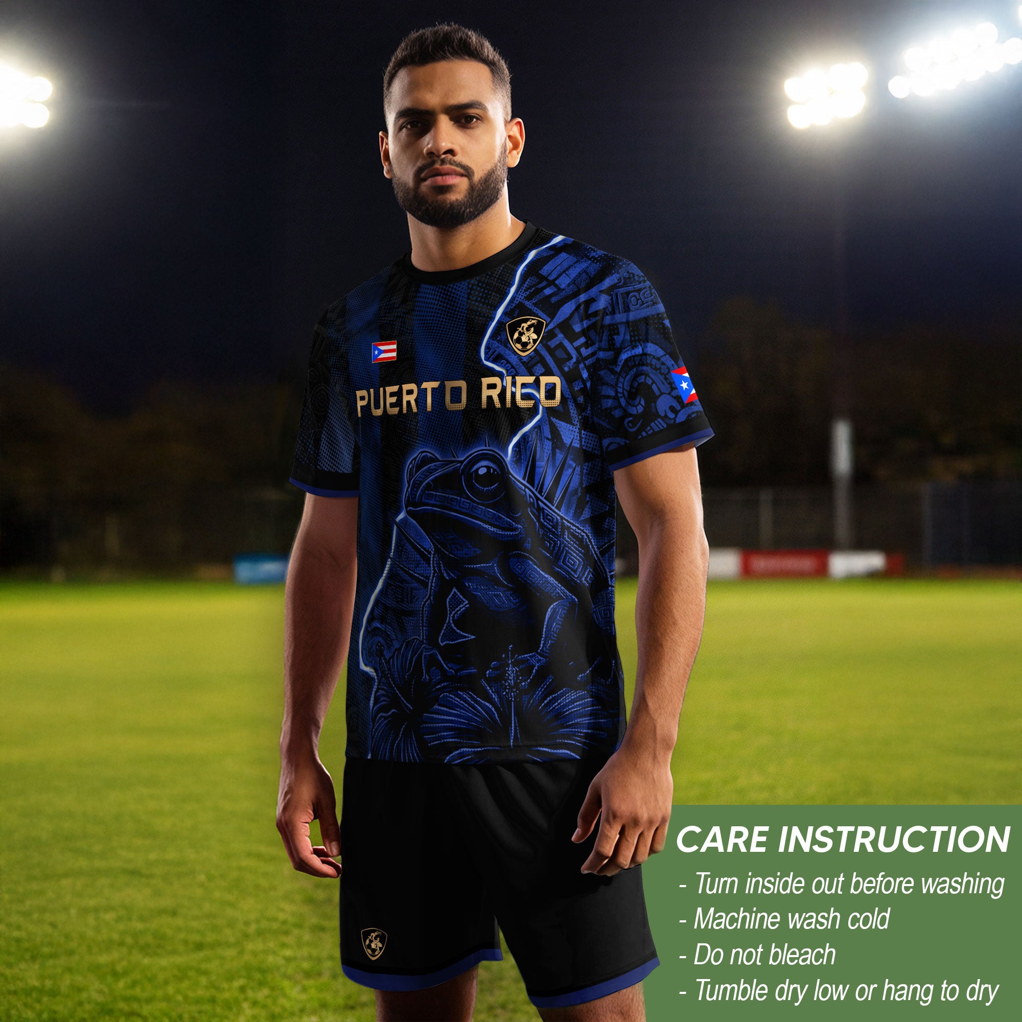 Camiseta de fútbol con máscara taína boricua azul marino de Puerto Rico, bandera tribal, orgullo nacional
