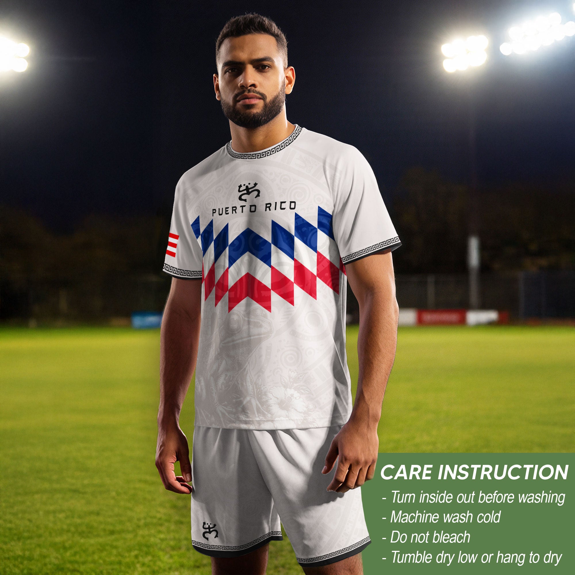 Puerto Rico Soccer Jersey Beige Red Blue Geometric Coqui Tribal Pride Apparel