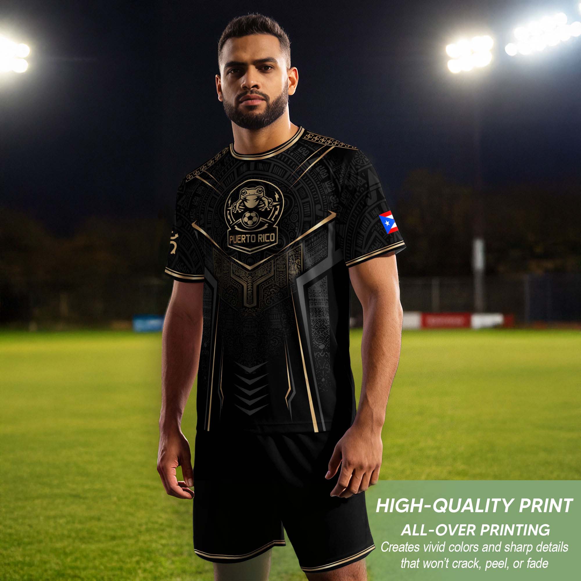 Black Puerto Rico Soccer Jersey Gold Coquí Frog Crest - Taino Sun Tribal Football Shirt