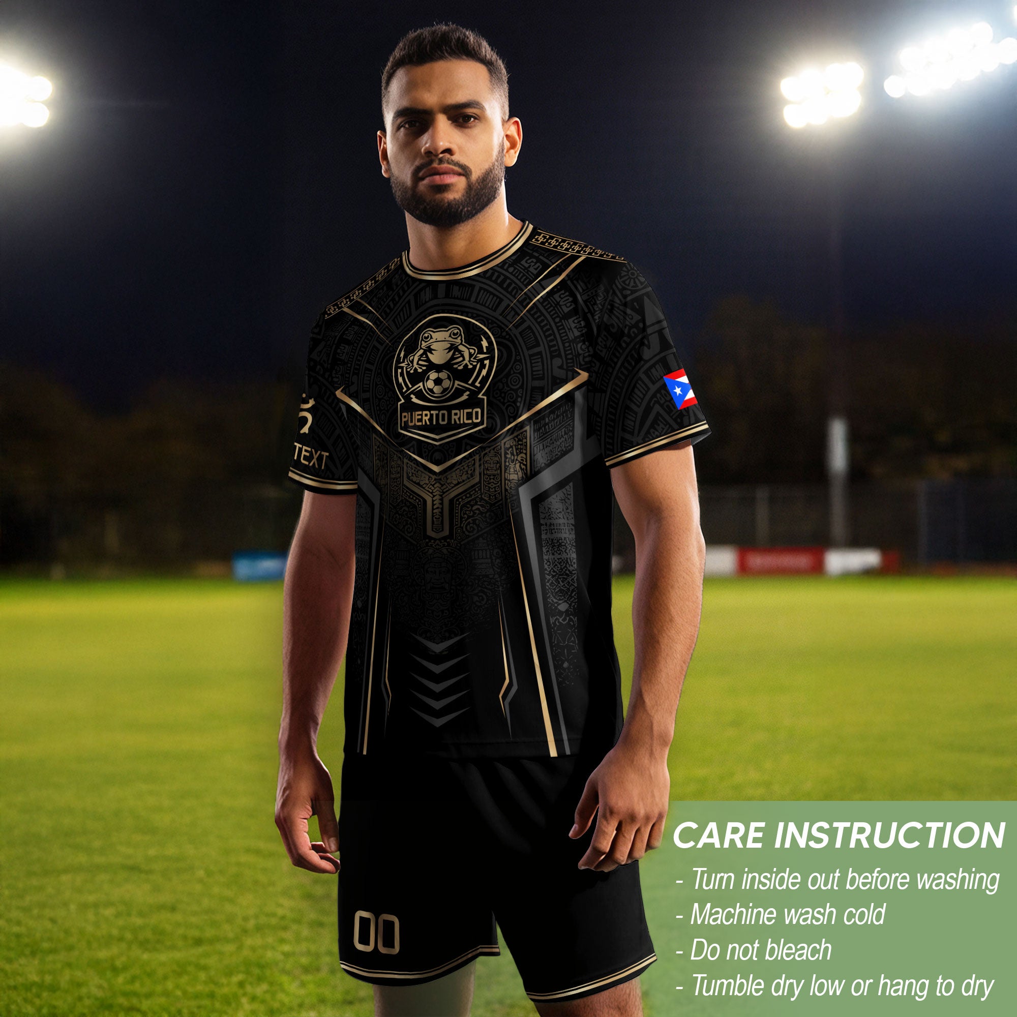 Custom Black Puerto Rico Soccer Jersey Taino Coqui Gold Frog Football Shirt