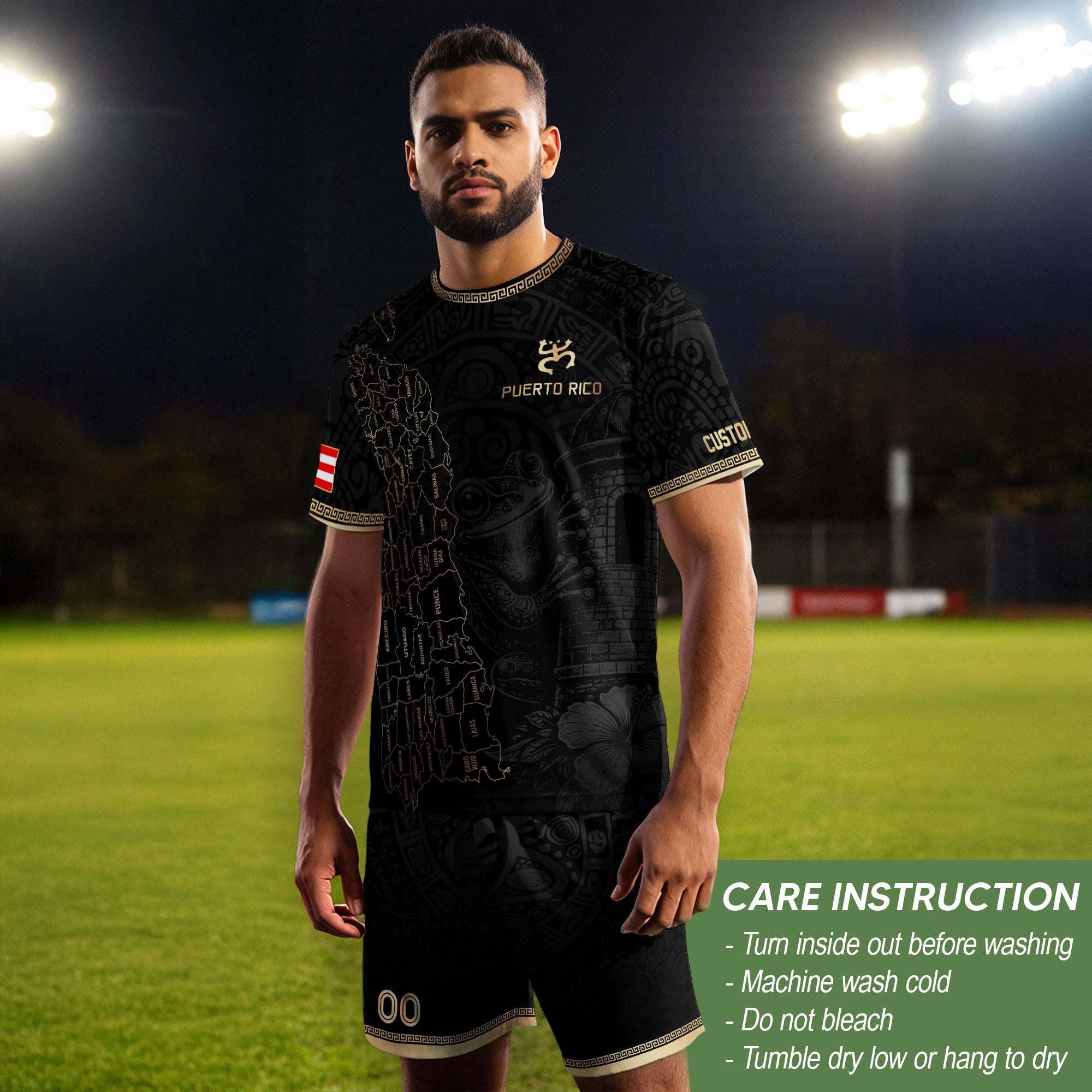 Custom Puerto Rico Soccer Jersey Black Gold Towns Map Coqui Frog Men Women Gift