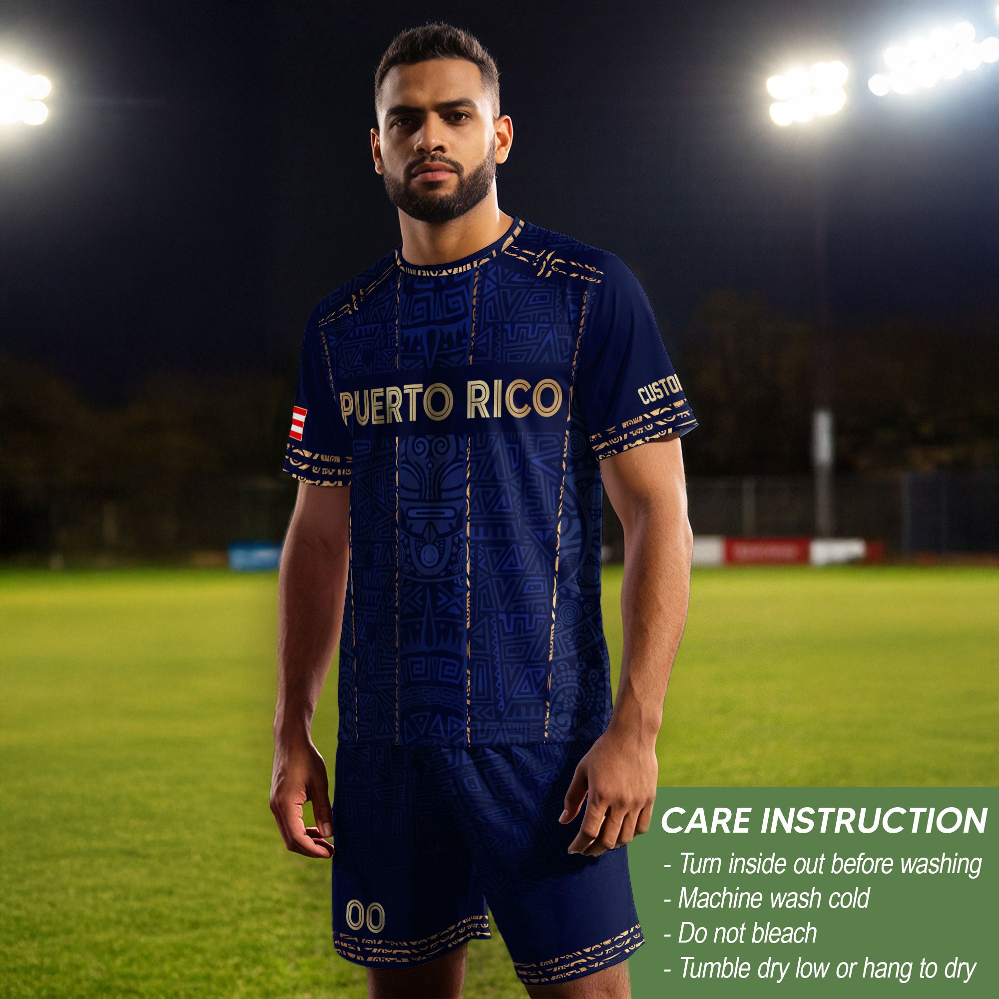 Custom Puerto Rico Soccer Jersey Navy Gold Taino Symbols Boricua Pride