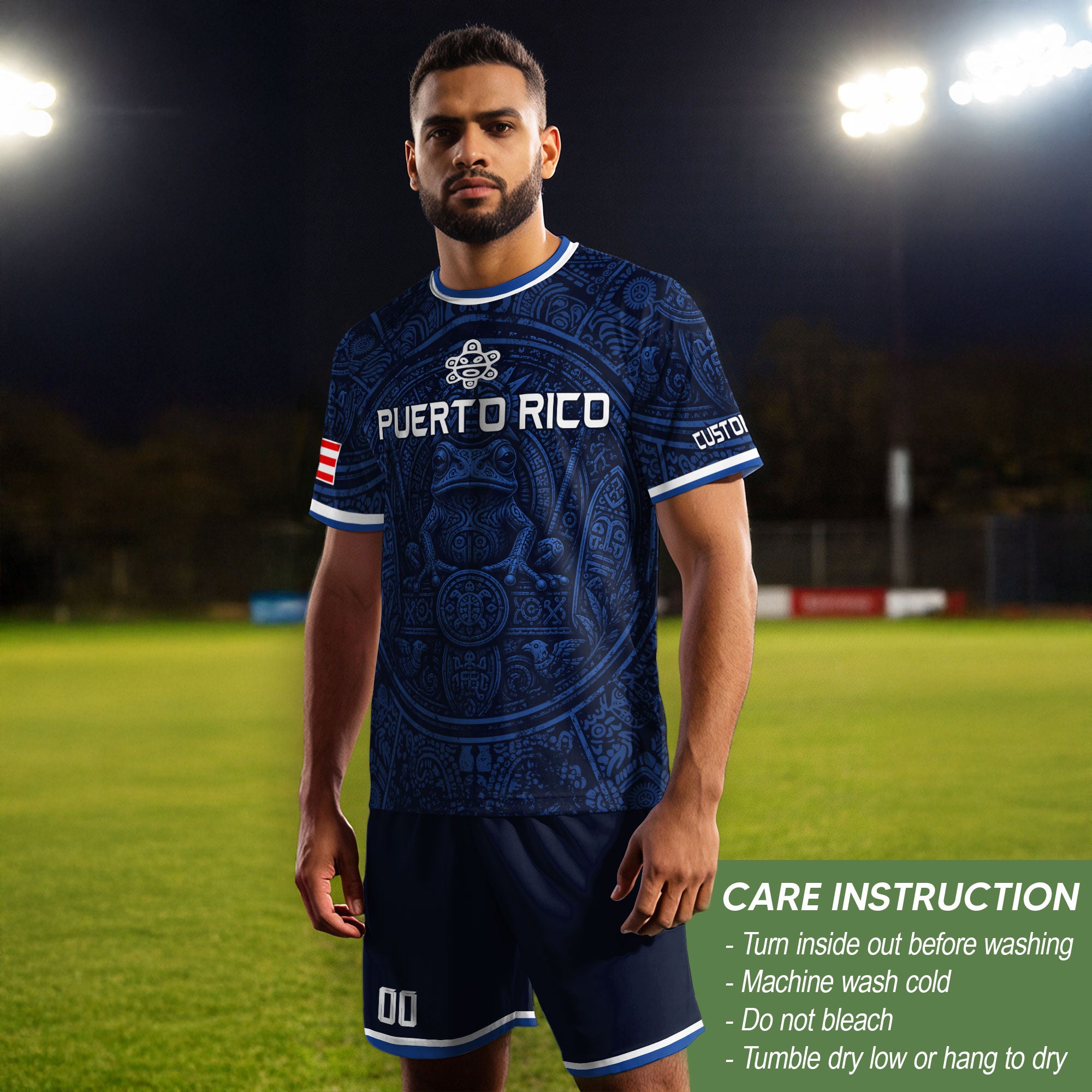 Personalized Puerto Rico Soccer Jersey Navy Blue with Taino Coqui Frog Design