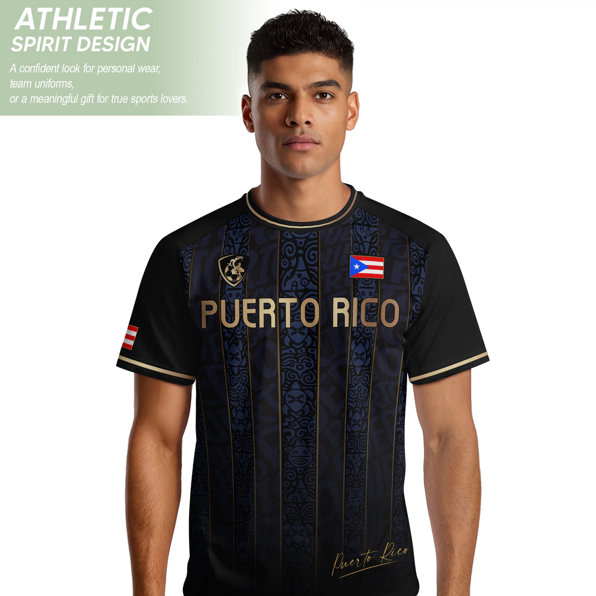 Navy Puerto Rico Soccer Jersey Taino Heritage Gold Coqui Print Boricua Football Shirt Men