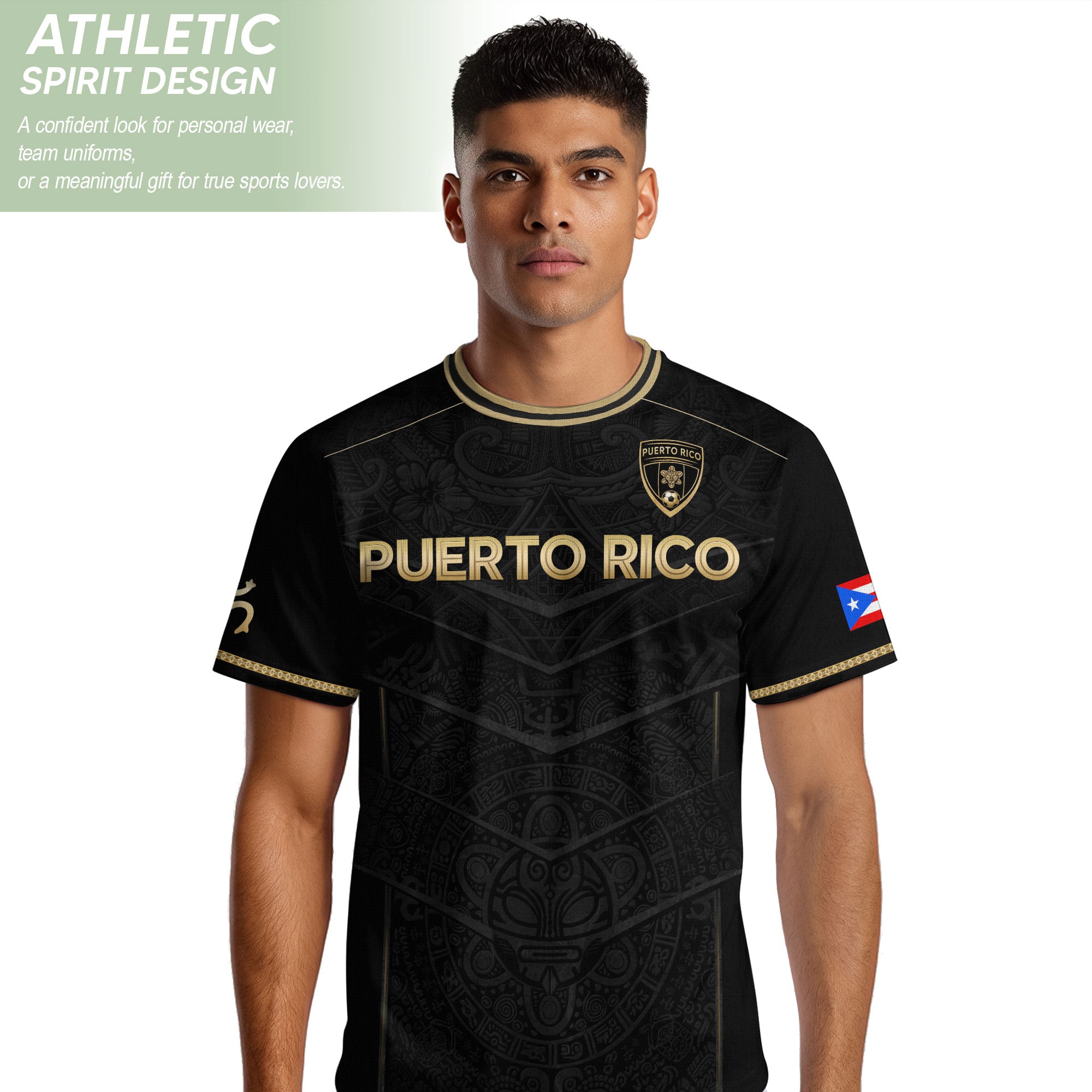 Puerto Rico Soccer Jersey - Black Gold Design with Lion Symbol & Puerto Rico Flag