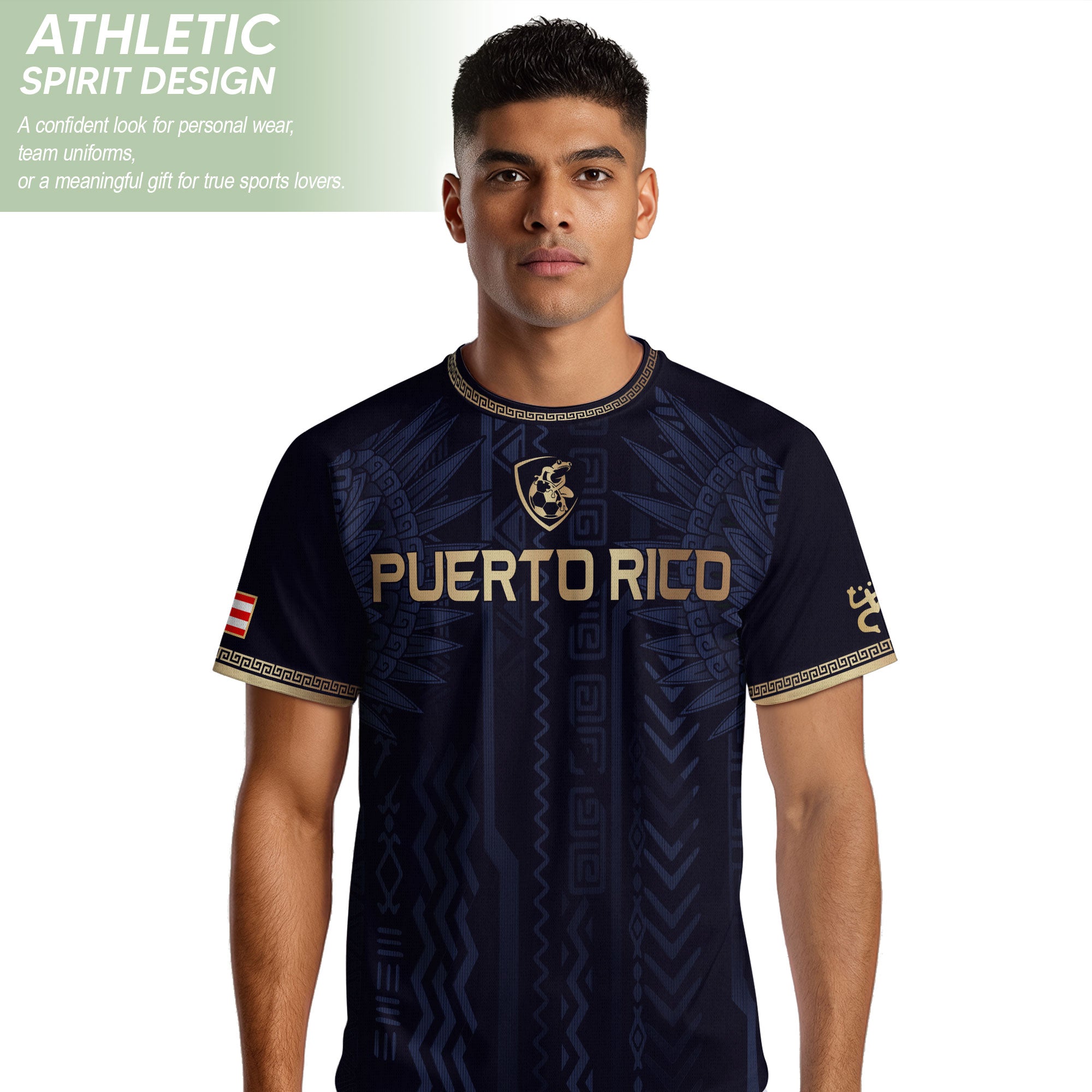 Camiseta de fútbol con máscara taína boricua azul marino de Puerto Rico, bandera tribal, orgullo nacional