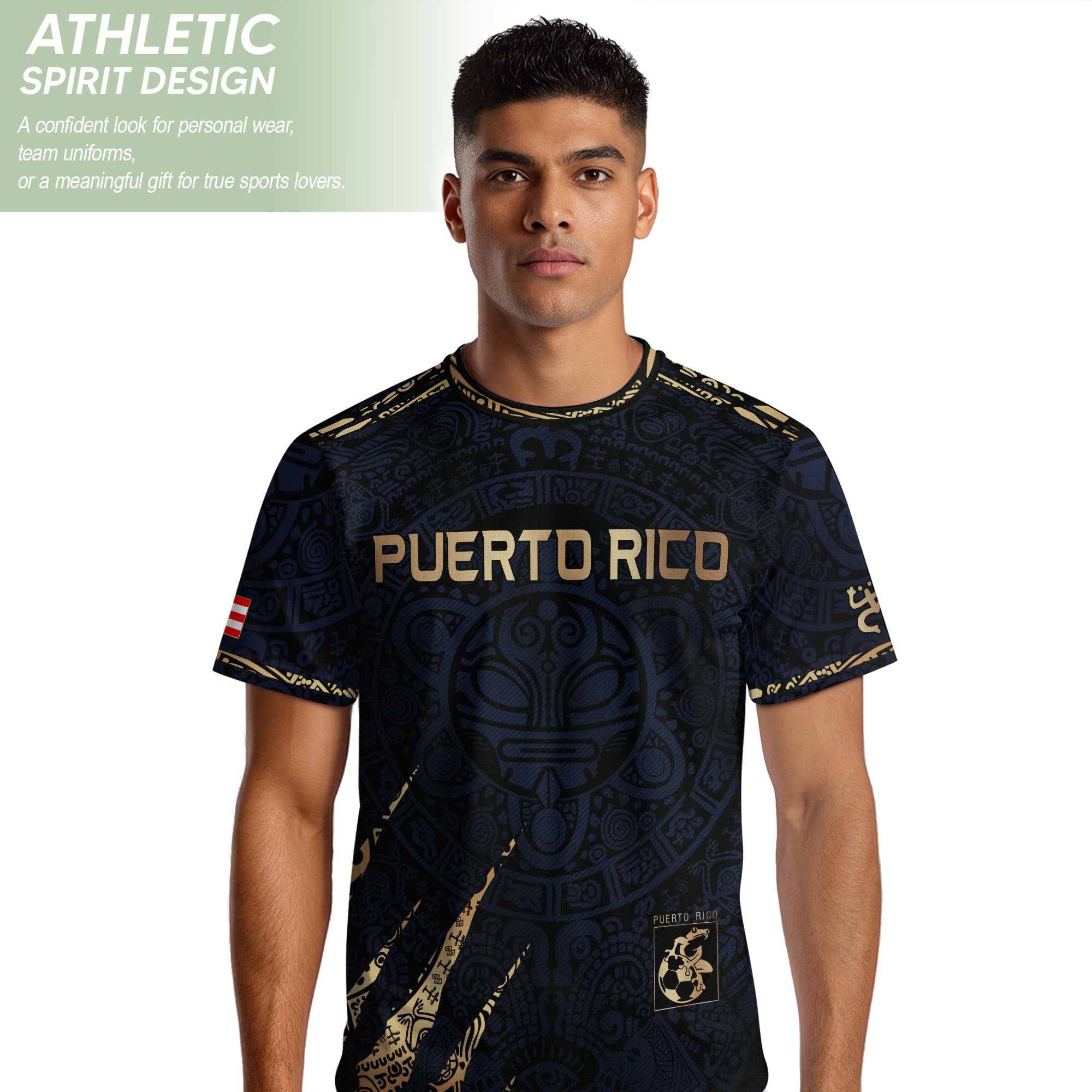 Camiseta de fútbol con máscara taína boricua azul marino de Puerto Rico, bandera tribal, orgullo nacional