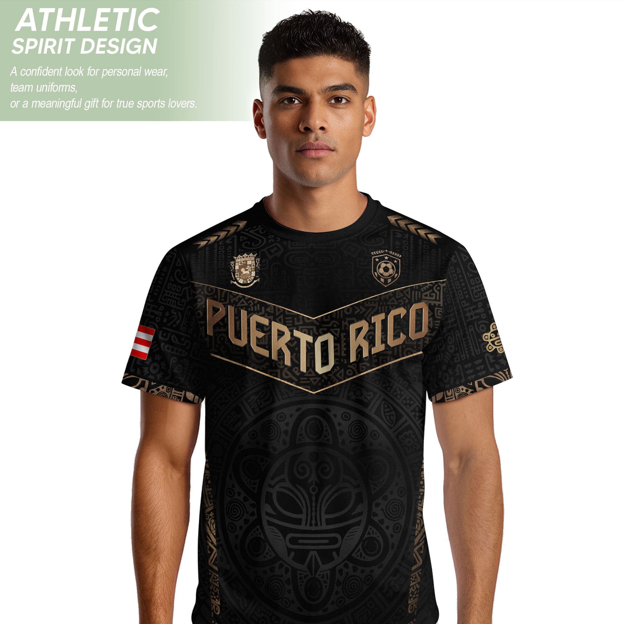 Puerto Rico Soccer Jersey Black Gold - Coquí Frog & Taino Sun - V-Shape Tribal Shirt