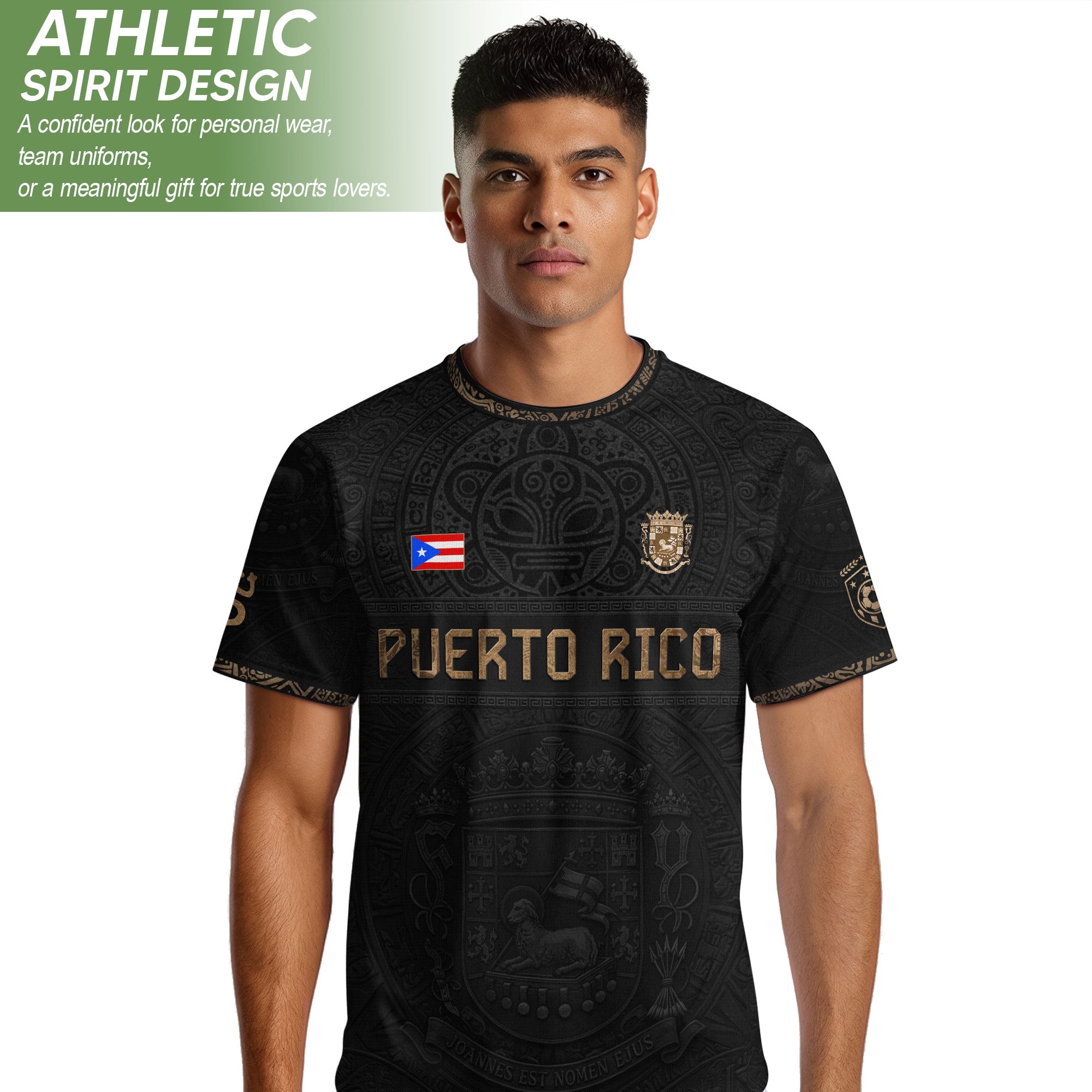 Black Gold Puerto Rico Soccer Jersey Taino Sun & Coat of Arms Football Shirt