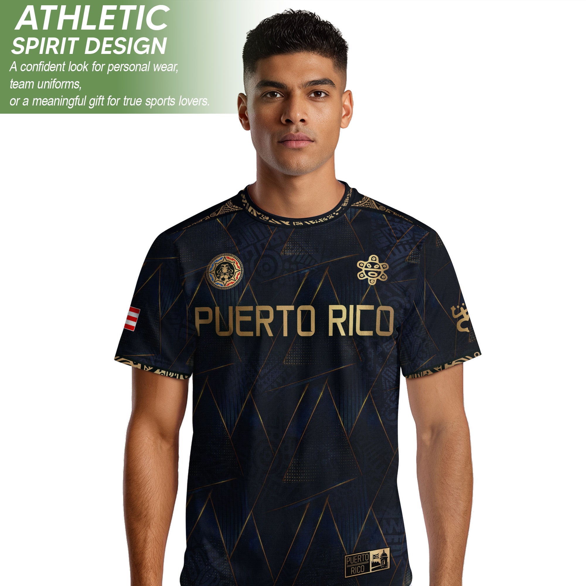 Puerto Rico Soccer Jersey Navy Gold - Geometric Taino Sun Design - Boricua Football Shirt