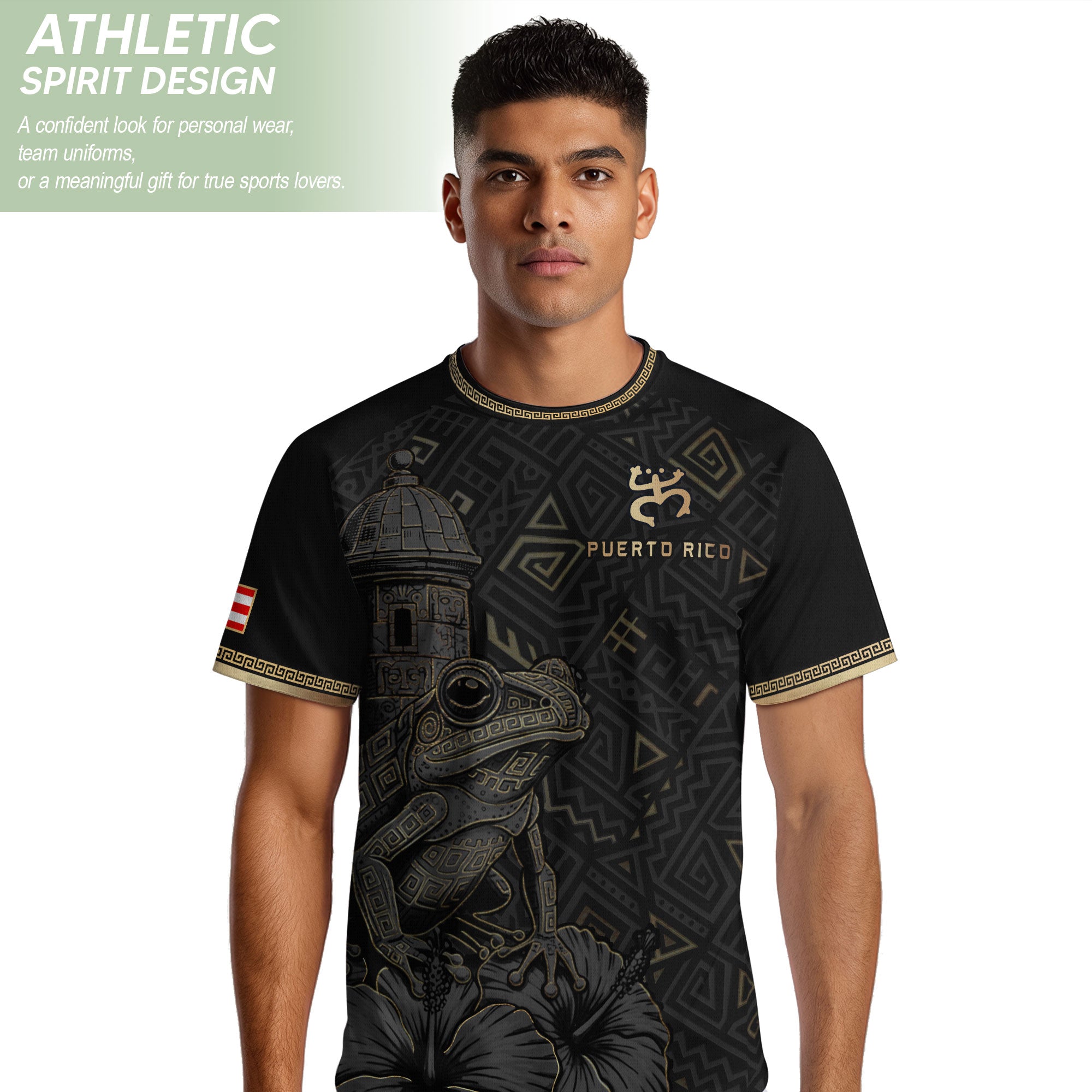 Puerto Rico Soccer Jersey Black Gold Coqui Frog Taino Pattern Patriotic