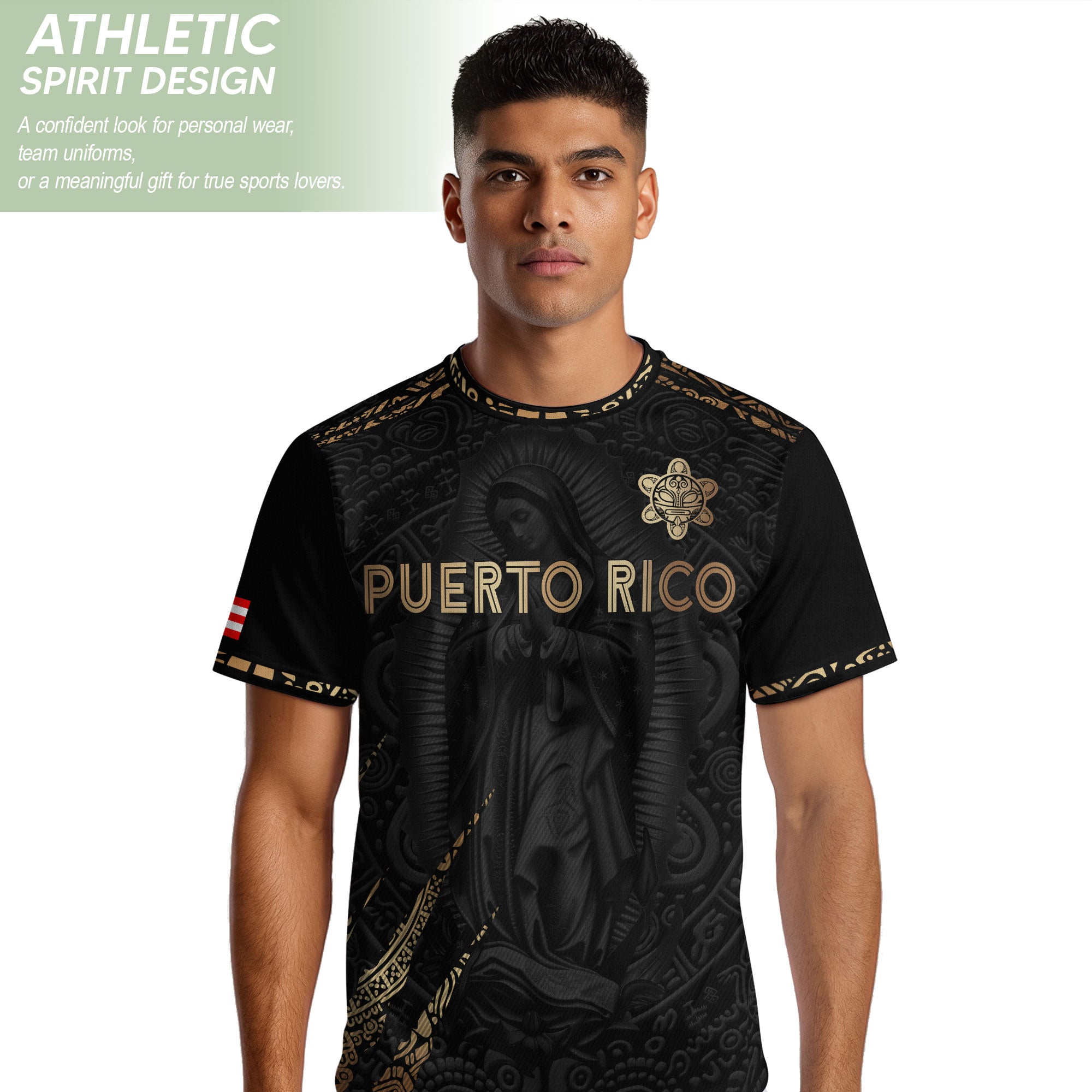 Puerto Rico Soccer Jersey Virgin Mary Guadalupe Taino Pattern Black Gold