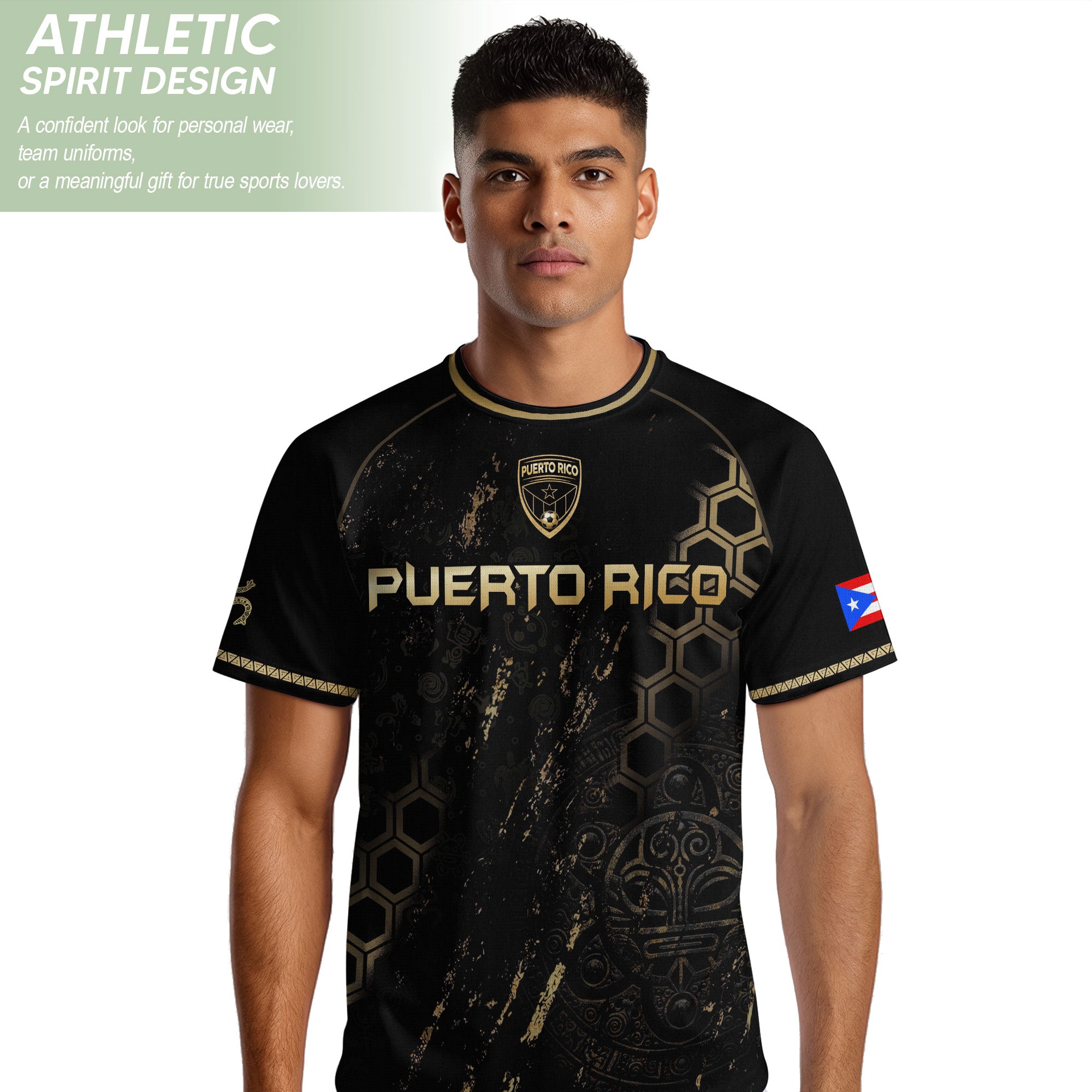 Puerto Rico Heritage Black Gold Coqui Frog Graphic Taino Mask Pride Soccer Jersey
