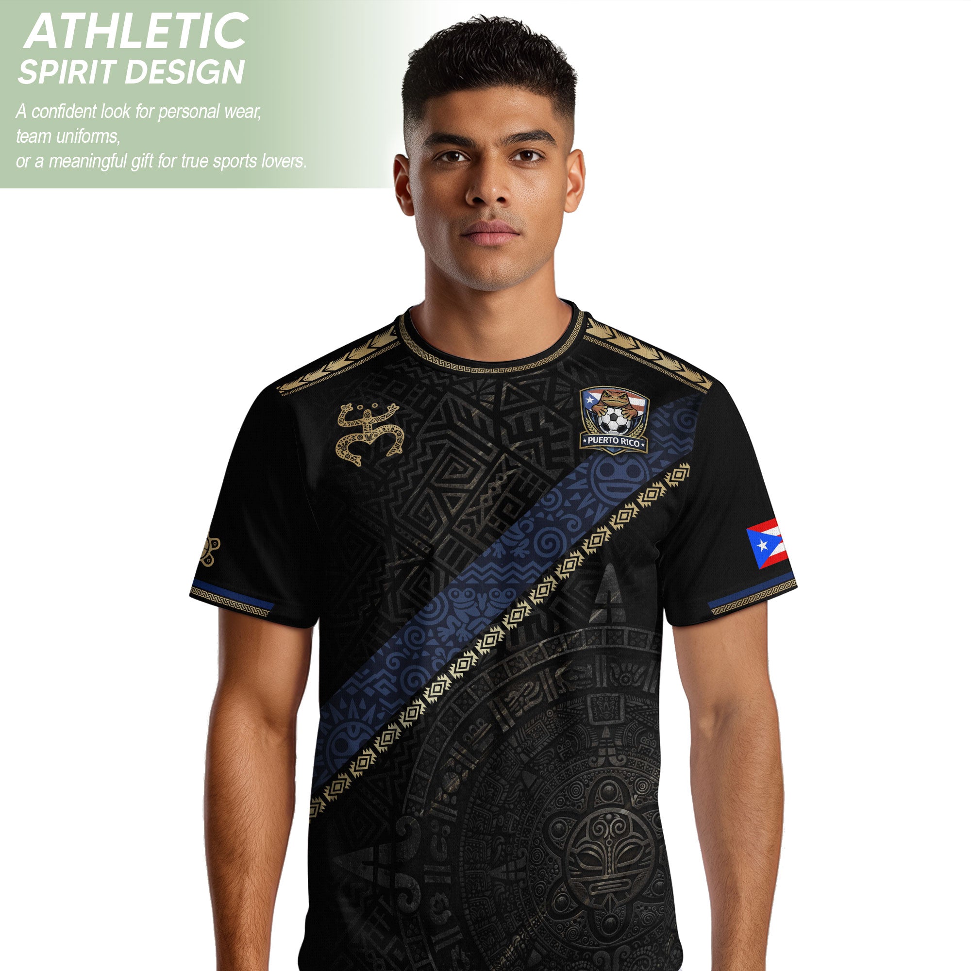 Puerto Rico Heritage Black Sash Graphic Gold Pattern Boricua Pride Soccer Jersey