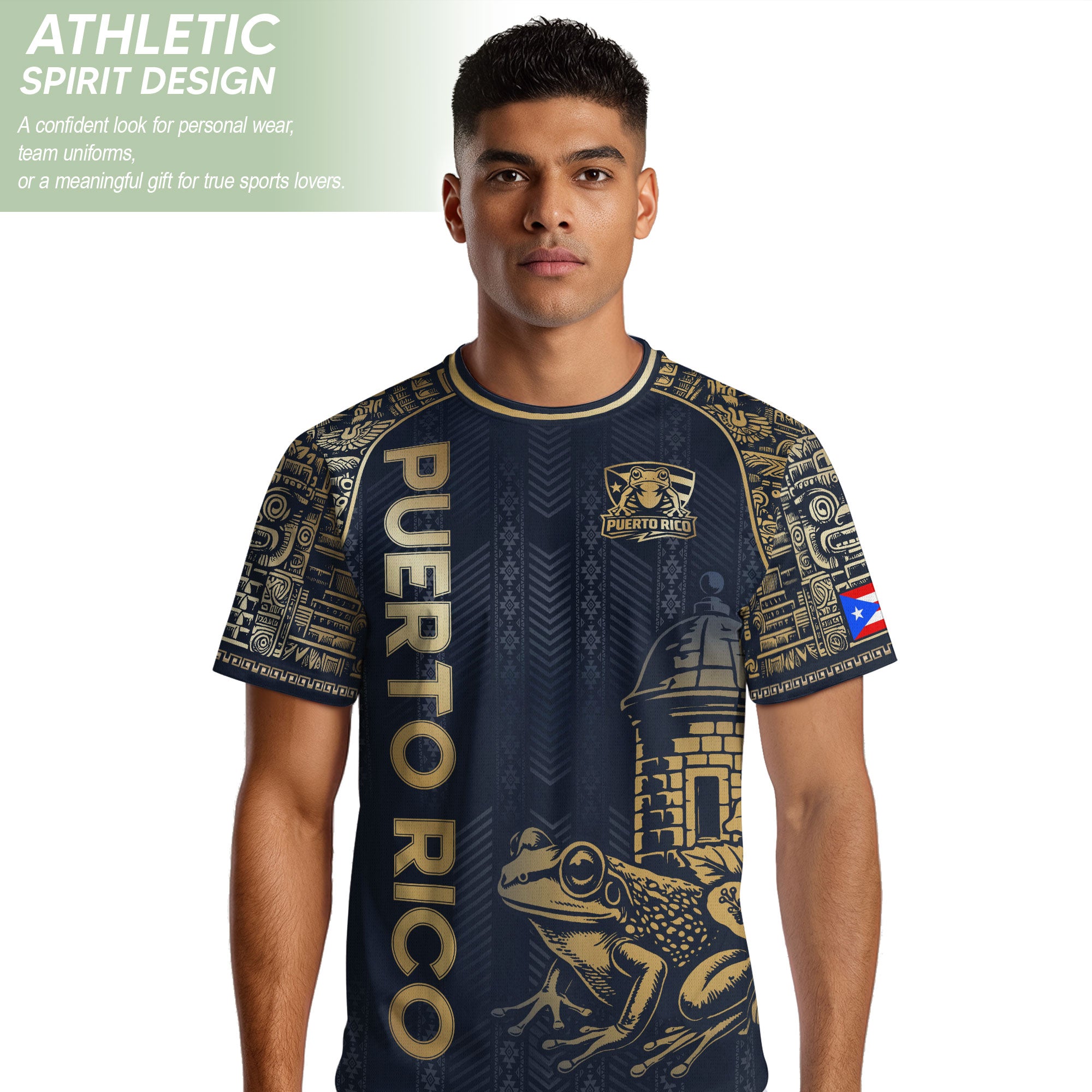 Puerto Rico Heritage Navy Gold Island Spirit Coqui Frog El Morro Graphic Pride Soccer Jersey