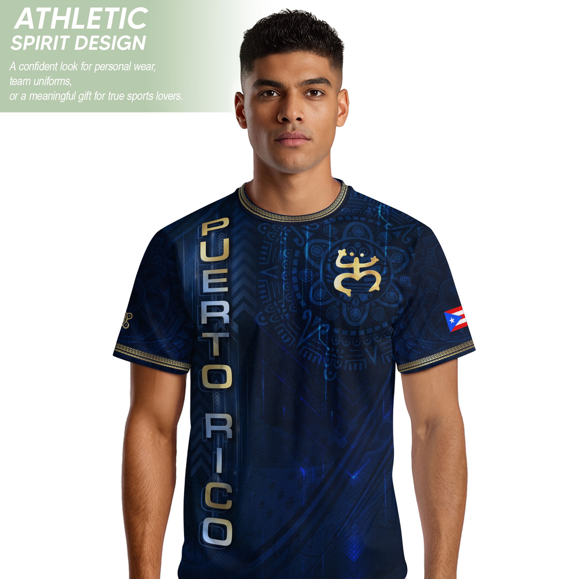 Puerto Rico Heritage Orgullo Boricua Navy Gold Detailed Island Map Coqui Soccer Jersey