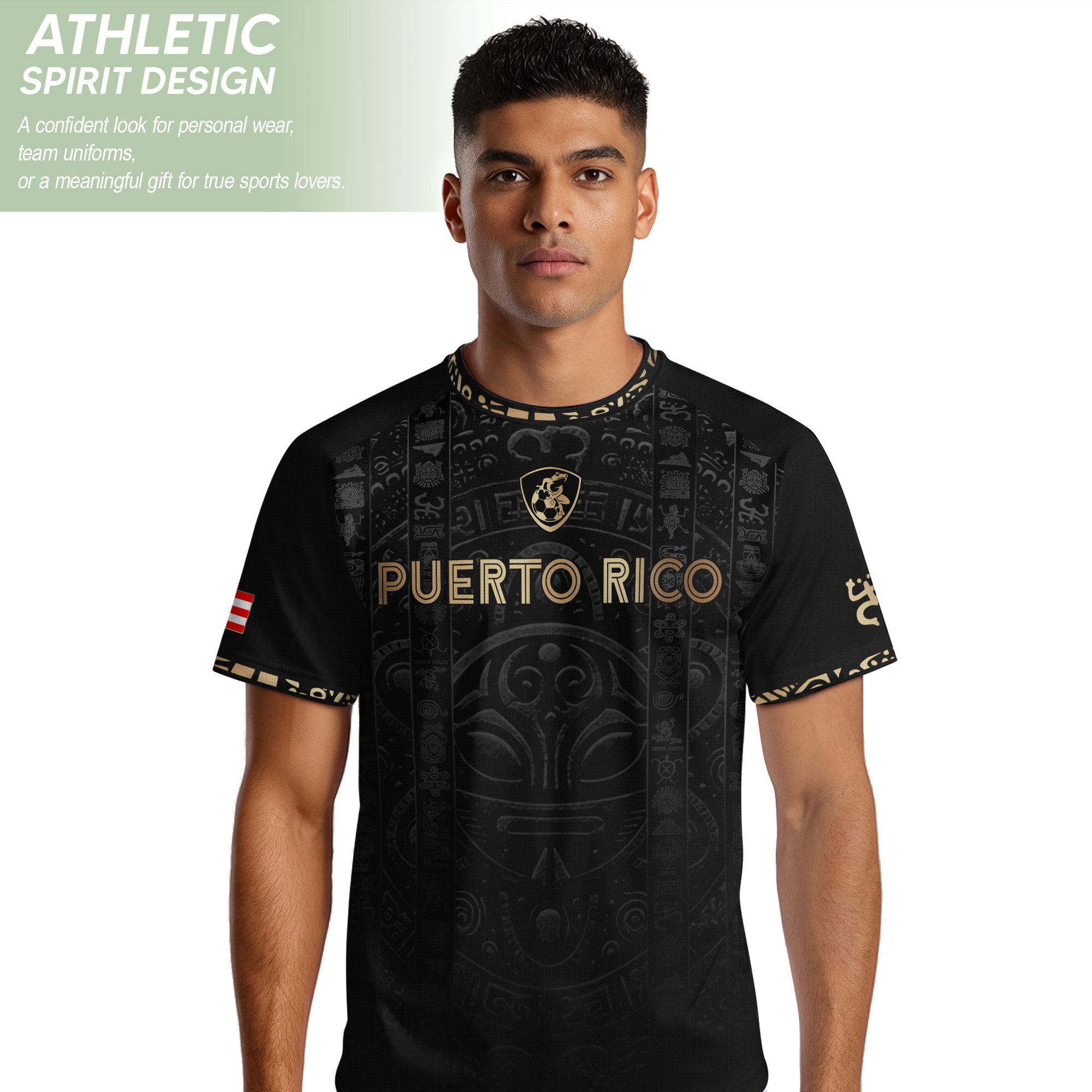 Camiseta de fútbol con máscara taína boricua azul marino de Puerto Rico, bandera tribal, orgullo nacional
