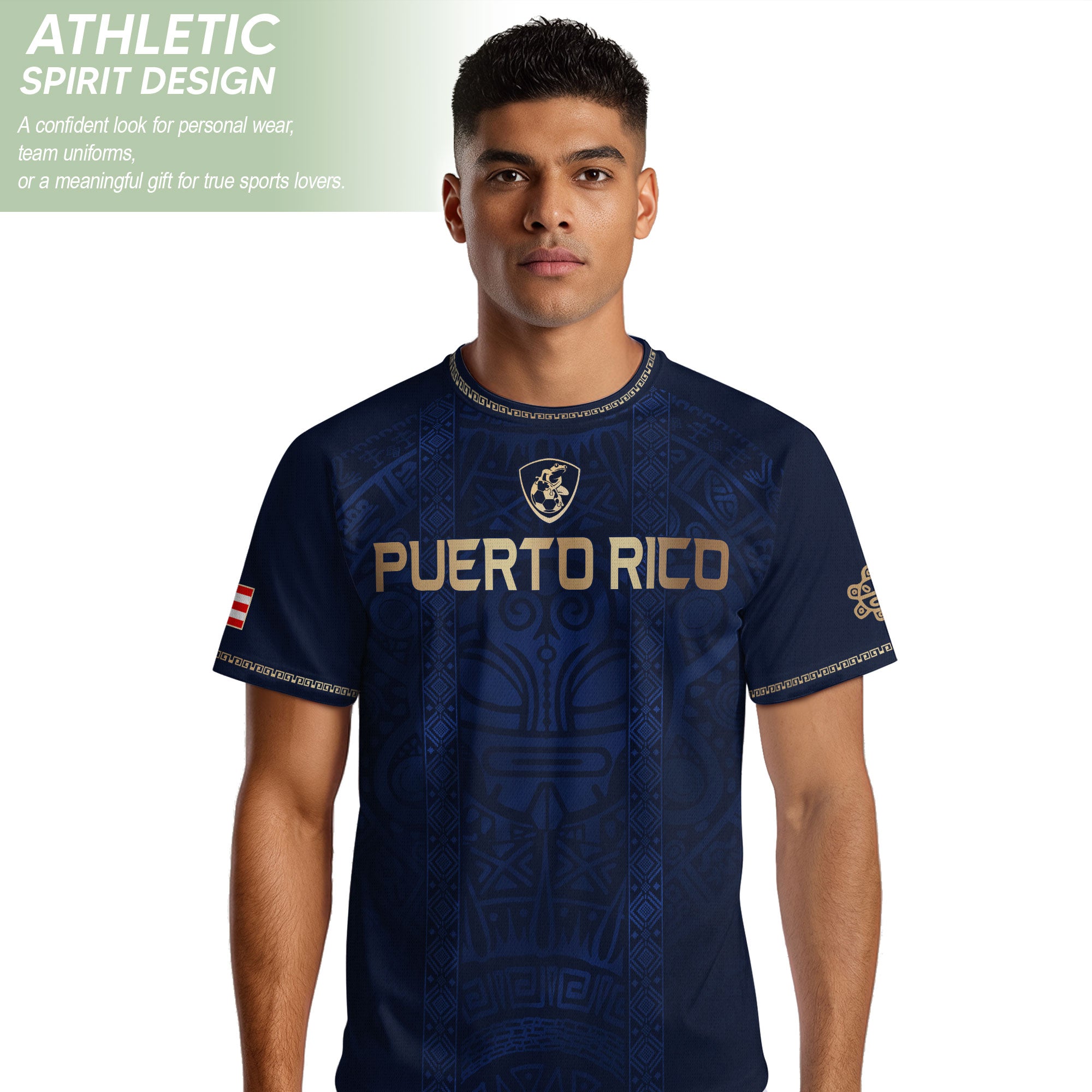 Camiseta de fútbol con máscara taína boricua azul marino de Puerto Rico, bandera tribal, orgullo nacional