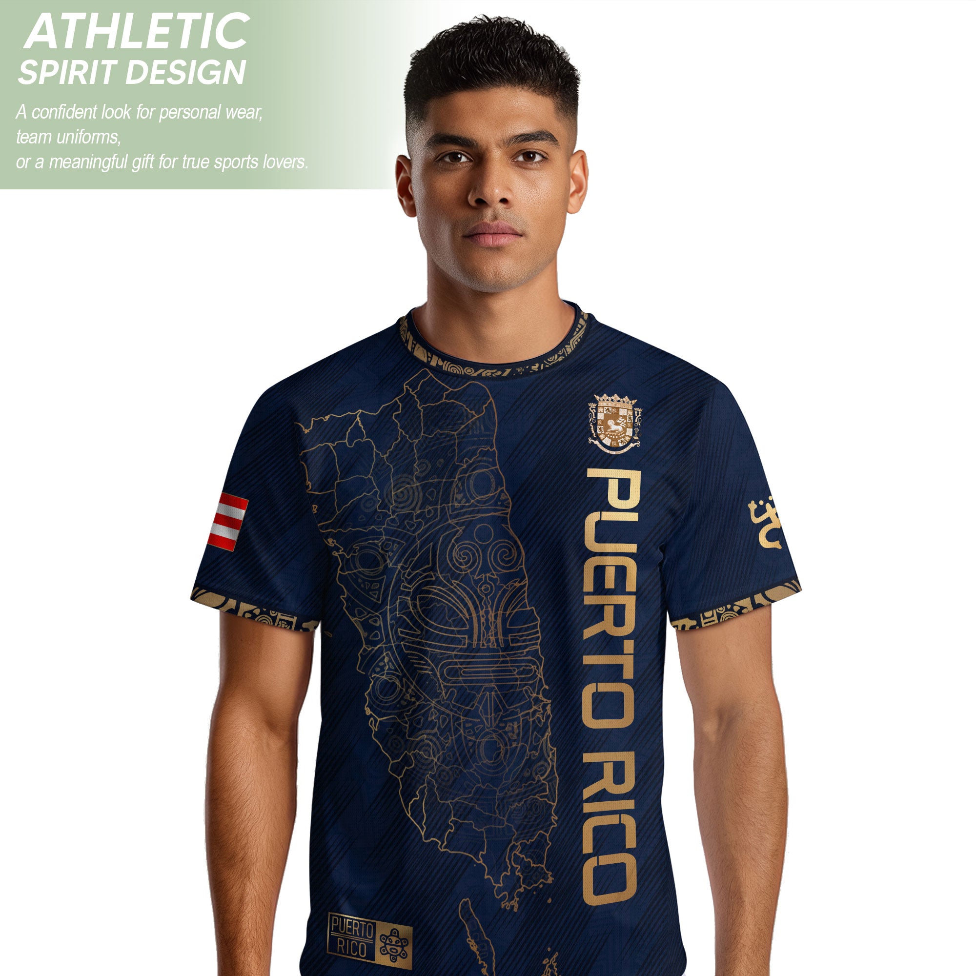 Puerto Rico Soccer Jersey Navy Gold - Puerto Rico Map & Coat of Arms Edition Football Shirt