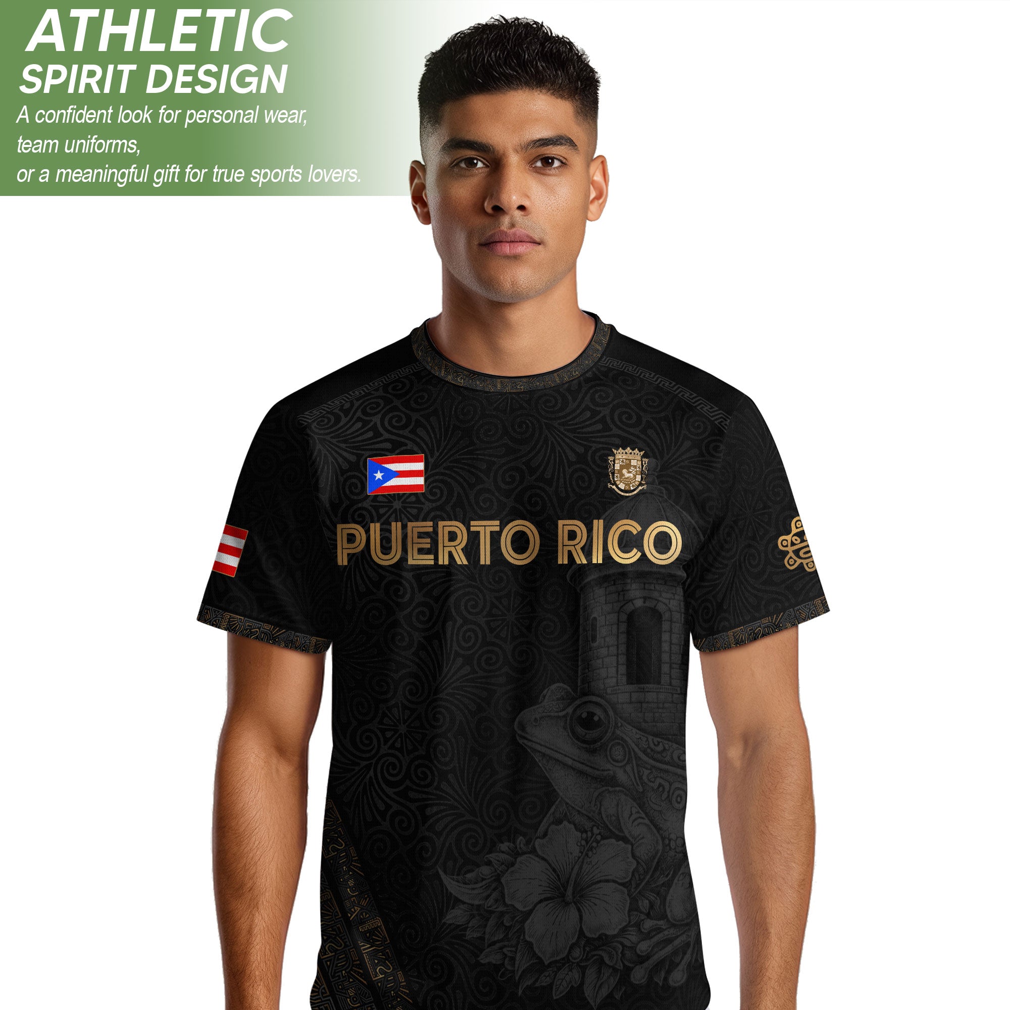 Puerto Rico Soccer Jersey - El Morro & Coqui Frog Design - Taino Sun Tribal Black Gold