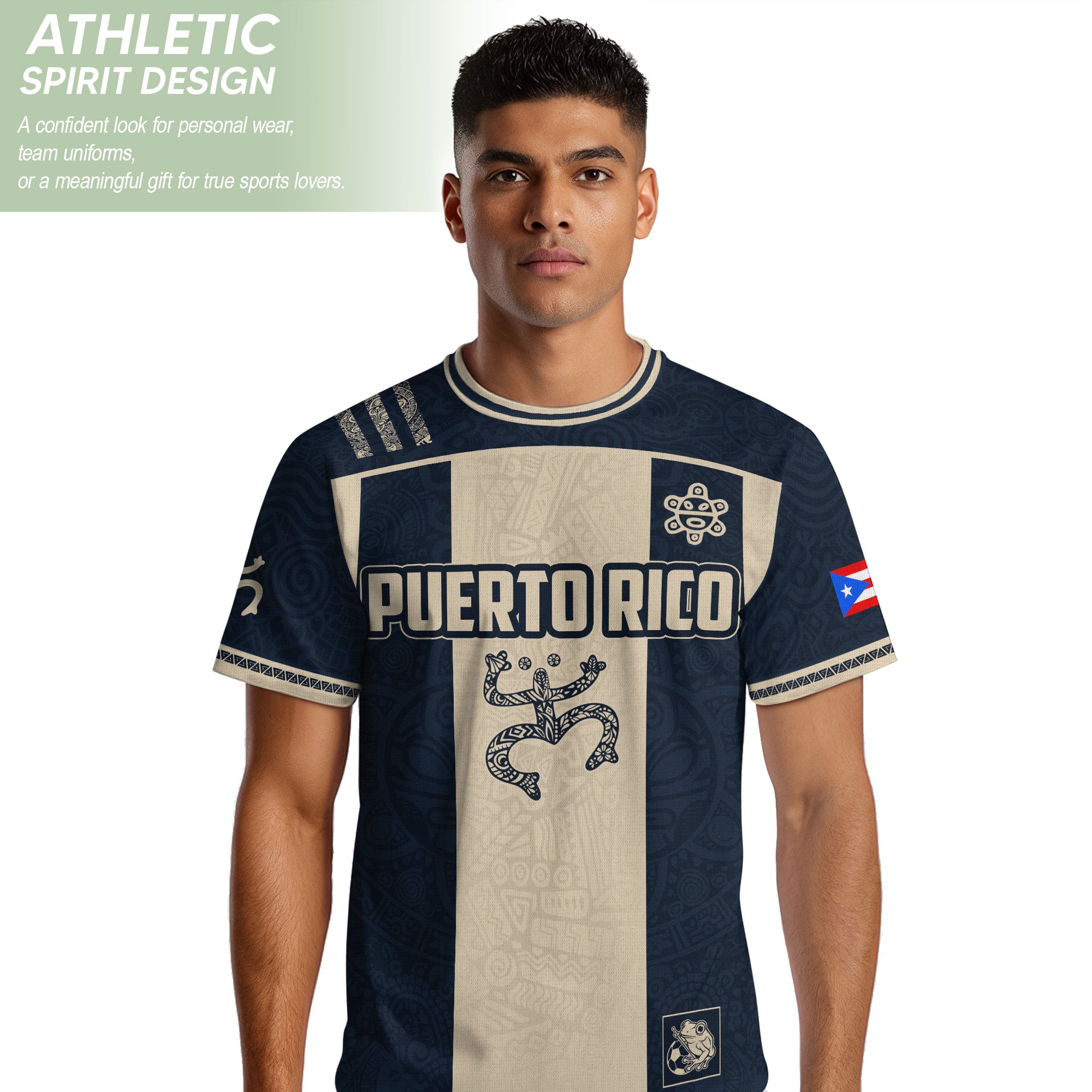 Puerto Rico Soccer Jersey Navy Beige Taino Coqui Flag PR Football Shirt Heritage Gift
